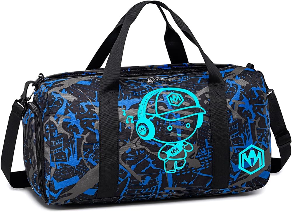 This is a great bag, many pockets, he used for camp trip (5 days), all his clothes and toiletries fit, even pair shoes in hidden pocket on side bottom for shoes.  He packed another bag for towels and swimming gear and sleeping attire but he loved this bag and it glows at night...so cute.