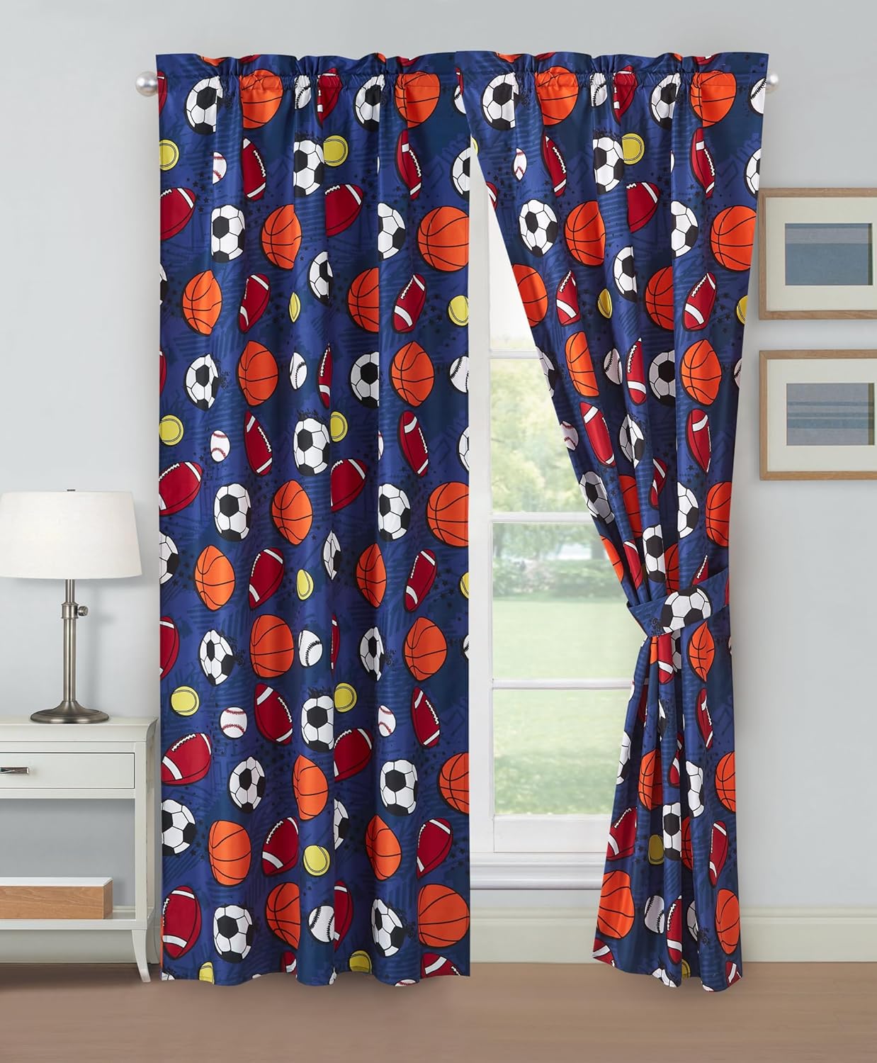 Chezmoi Collection 4-Piece Kids/Teens Sports Balls Window Curtain Set - Navy Blue Gray Orange White Printed Football Soccer Basketball Baseball Tennis Kids Room Curtains, 2-Panels (42" W x 84" L)