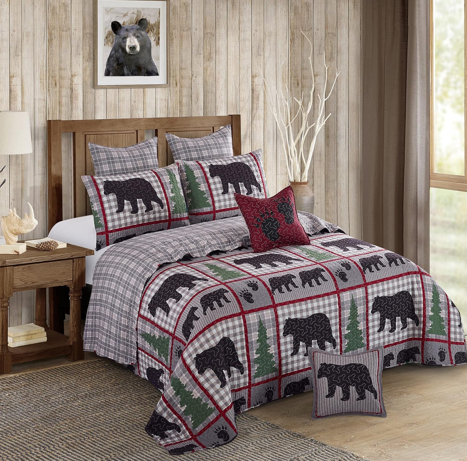 Virah Bella 3 Piece King Cabin Quilt Bedding Set - Ashville - Rustic Country Reversible Patchwork Comforter Set with Decorative Pillow Shams, Gray/Silver