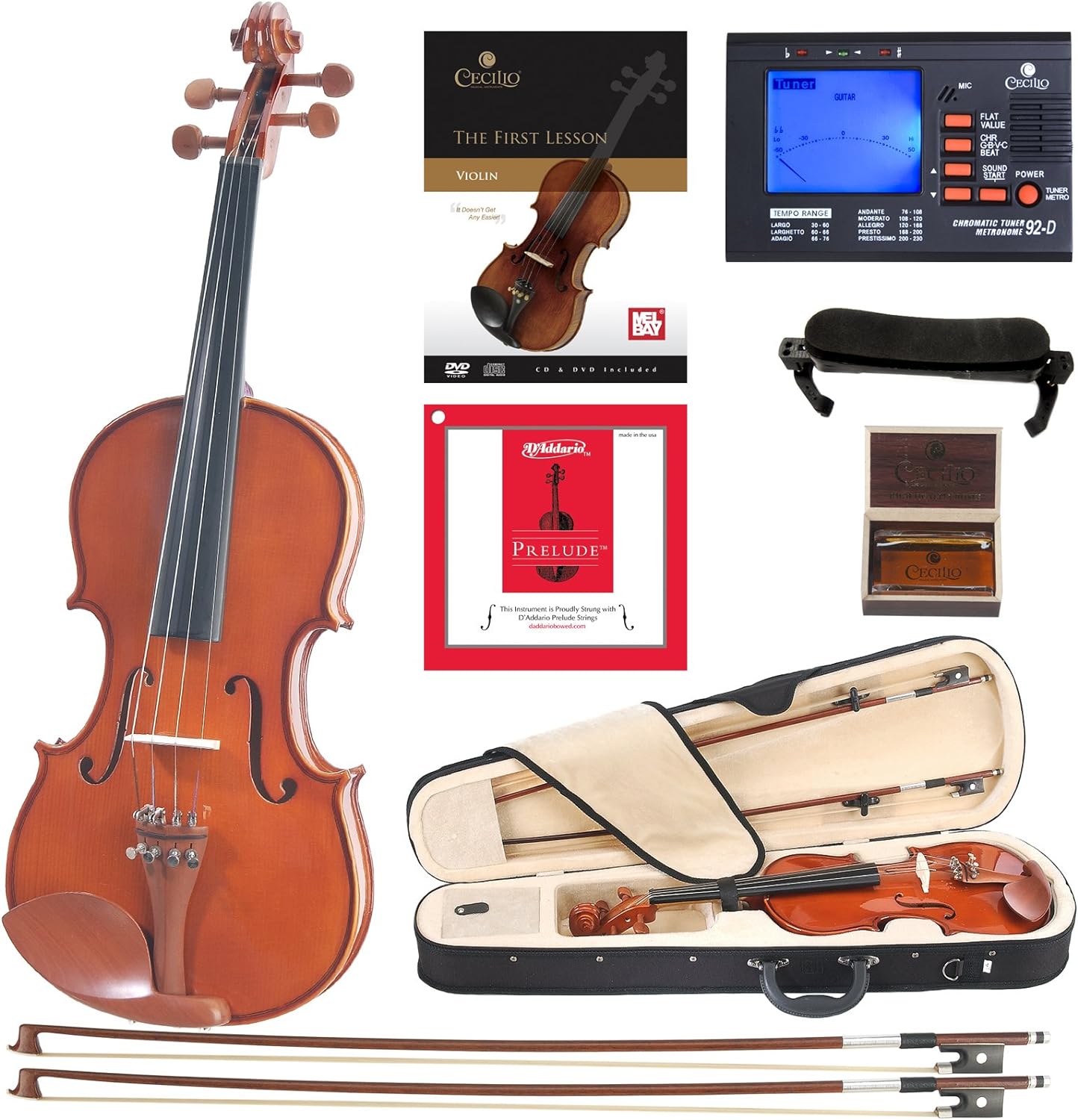 Cecilio CVN-200 Full Size Violin with D&#39;Addario Prelude Strings - Solidwood Natural Varnish Violin for Beginners - Includes Tuner, Case, and 2 Bows