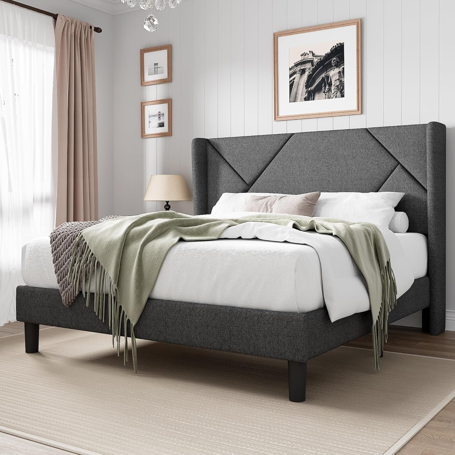 Feonase+Queen+Mordern+Bed+Frame+with+Wingback%2c+Minimalist+Upholstered+Platform+Bed%2c+8%22+Storage+Space%2c+No+Box+Spring+Needed%2c+Easy+Assembly%2c+Noise-Free%2c+Dark+Gray