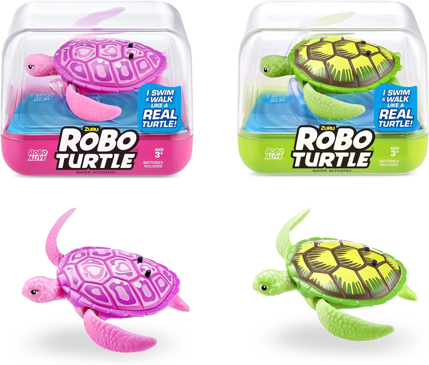 ROBO ALIVE Robo Turtle Robotic Swimming Turtle (Green + Pink) by ZURU Water Activated, Comes with Batteries, Exclusive (2 Pack)