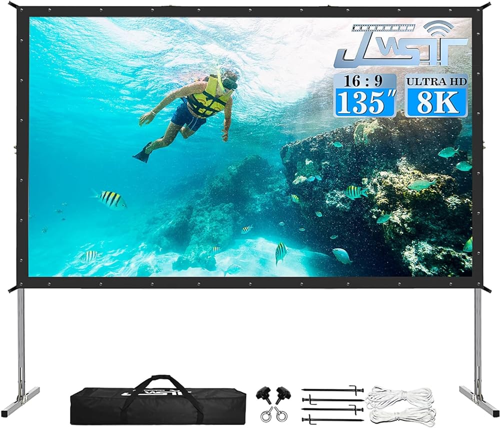 Projector Screen and Stand,JWSIT 135 inch Outdoor Movie Screen-Upgraded 3 Layers PVC 16:9 Outdoor Projector Screen,Portable Video Projection Screen with Carrying Bag for Home Theater Backyard