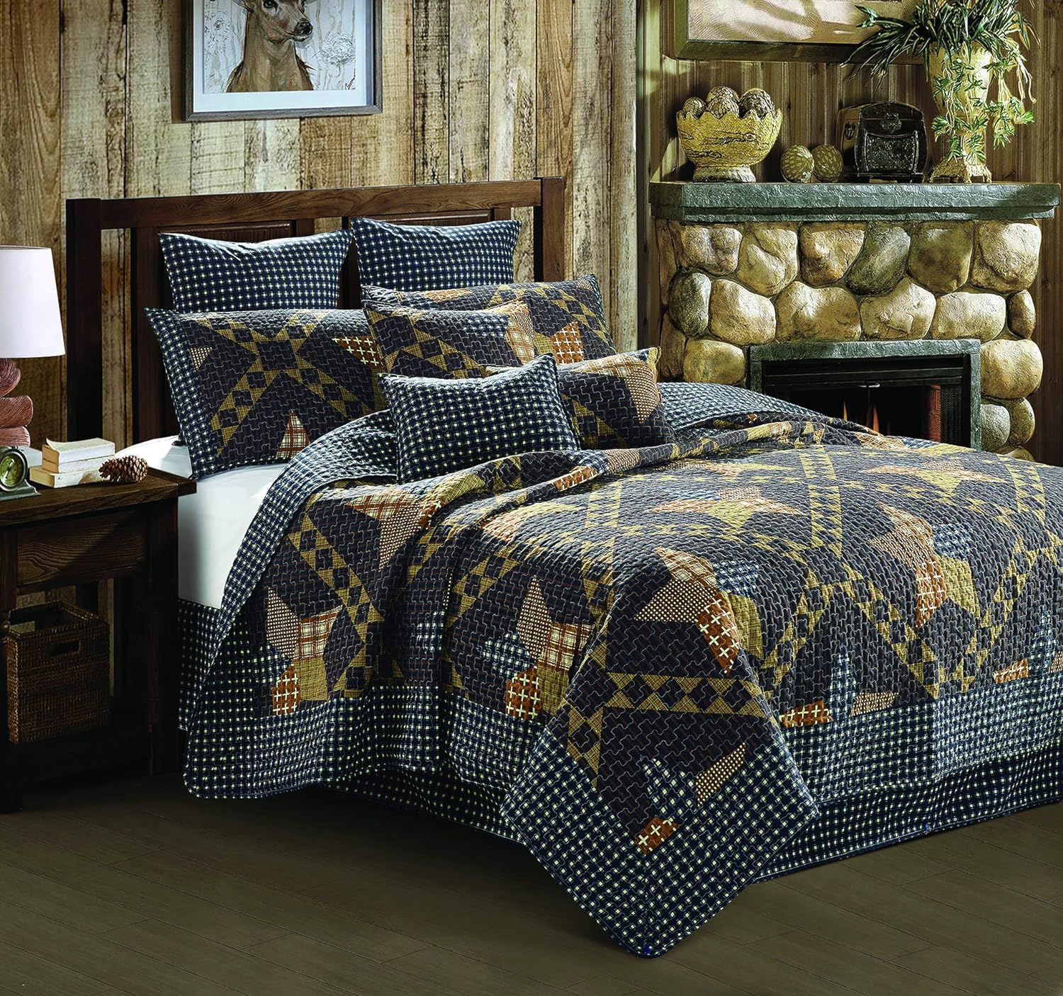 Virah Bella 3 Piece King Cabin Quilt Bedding Set - Paducah Star - Rustic Country Reversible Patchwork Comforter Set with Decorative Pillow Shams Black