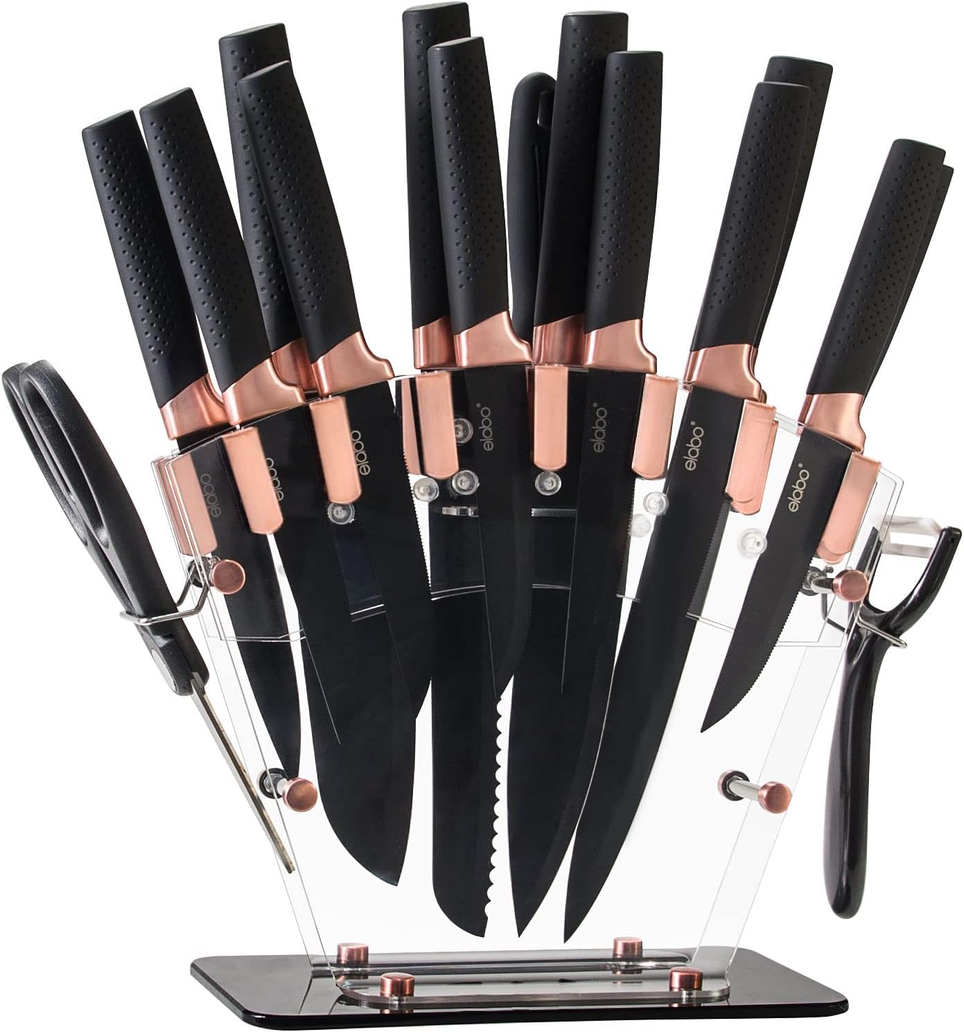 elabo Kitchen Knife Set with Acrylic Stand - 16Pcs Stainless Steel Knives, Rose Gold Handle Includes 6 Sharp Knives, 6 Serrated Steak Knives, Scissors, Peeler, Knife Sharpener with Block