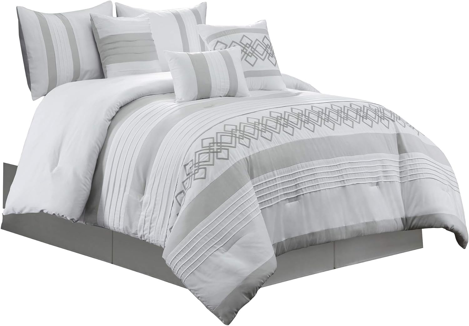 Chezmoi Collection Ariel 7-Piece Gray White Geometric Chenille Embroidery Pleated Striped Comforter Set, Queen Size