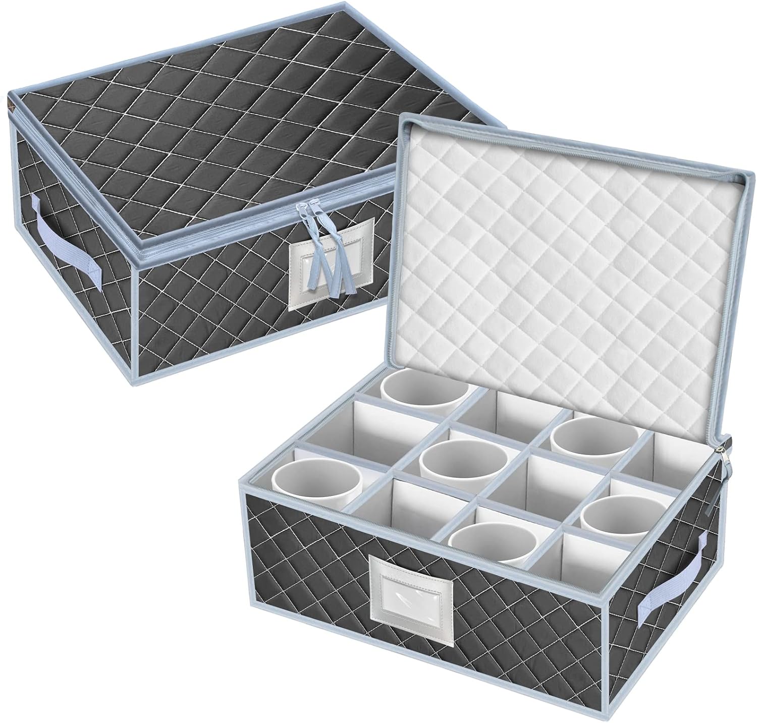 VERONLY Mug and Cup Storage Box with Dividers - 2 Pack China Storage Containers Holds 24 Glassware, Stackable Coffee Mug Organizer Bin and Tea Cup with 2 Metal Zipper,Label and Handles (Grey)