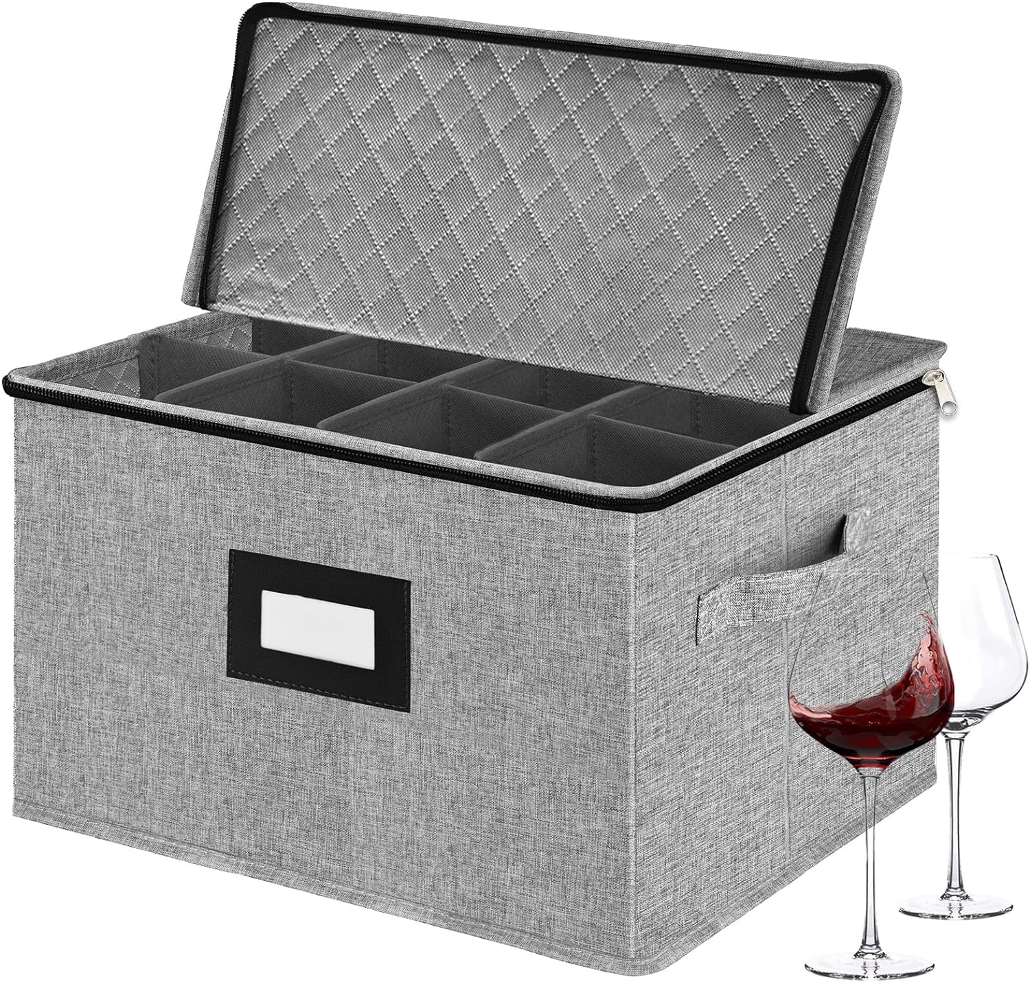 VERONLY Stemware Storage Cases,Quilted Wine glass Storage Boxes with Divider-China Storage Containers Hard Shell Holds 12 Wine Glass or Crystal Glassware Storage Containers, Stackable (Light Grey)