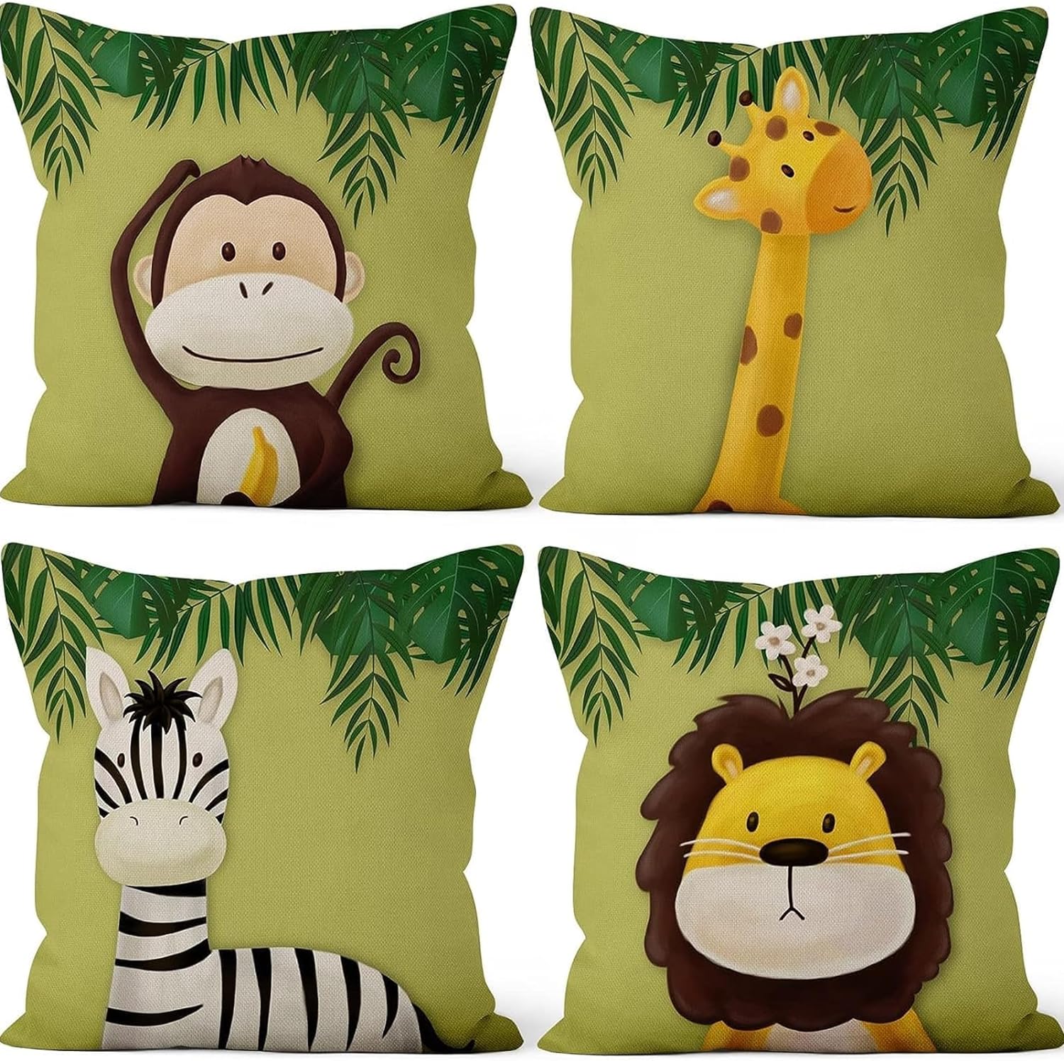 Cartoon Jungle Animal Throw Pillow Cover Set of 4 16X16inch Monkey Giraffe Zebra Lion Safari Decorative Pillow Cover Animals Cushion Case for Nursery Classroom School Bed Sofa Couch