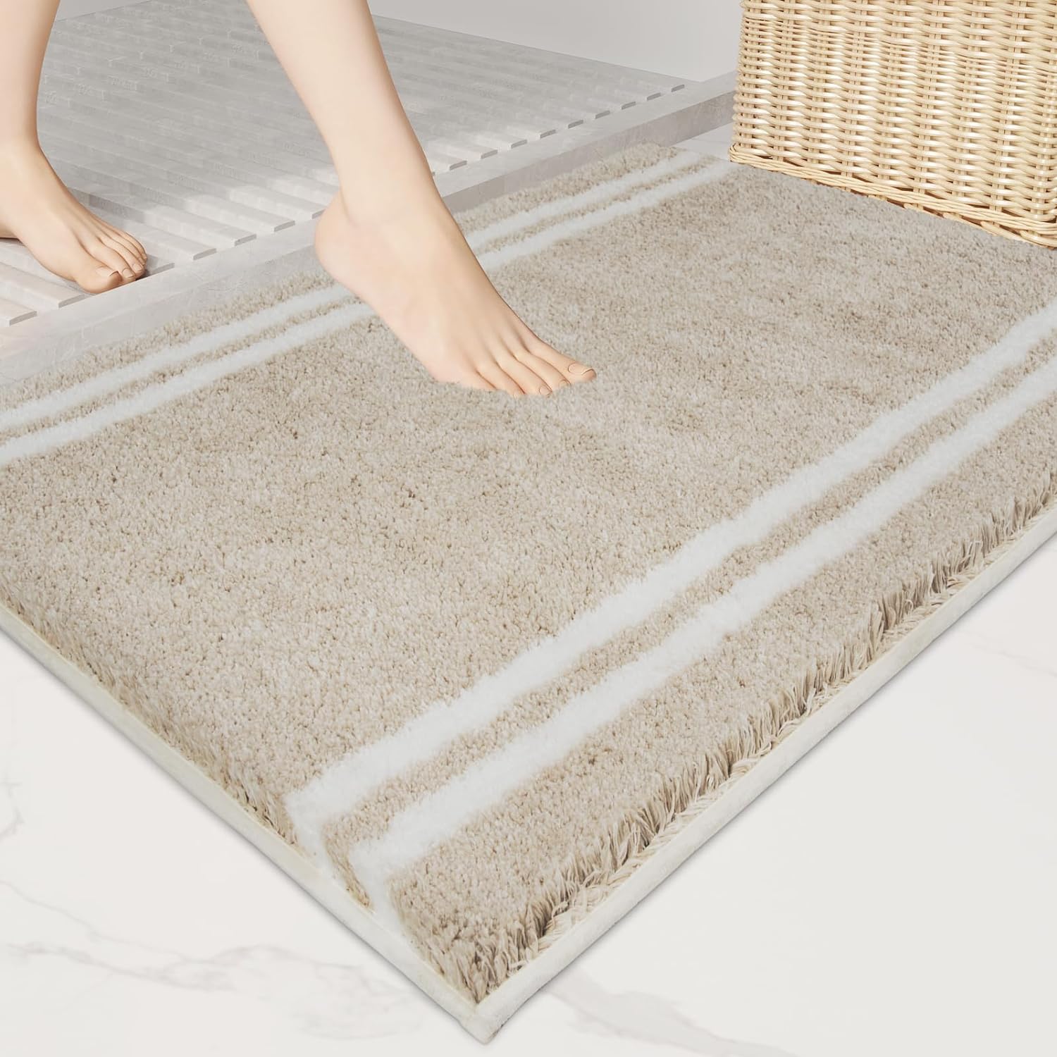 PURRUGS Non-Slip Bathroom Rug 20" x 30" - Super Absorbent & Quick Dry Shaggy Microfiber Bath Mat, Machine Washable Plush Throw Rug for Bathtub, Shower and Sink, Beige