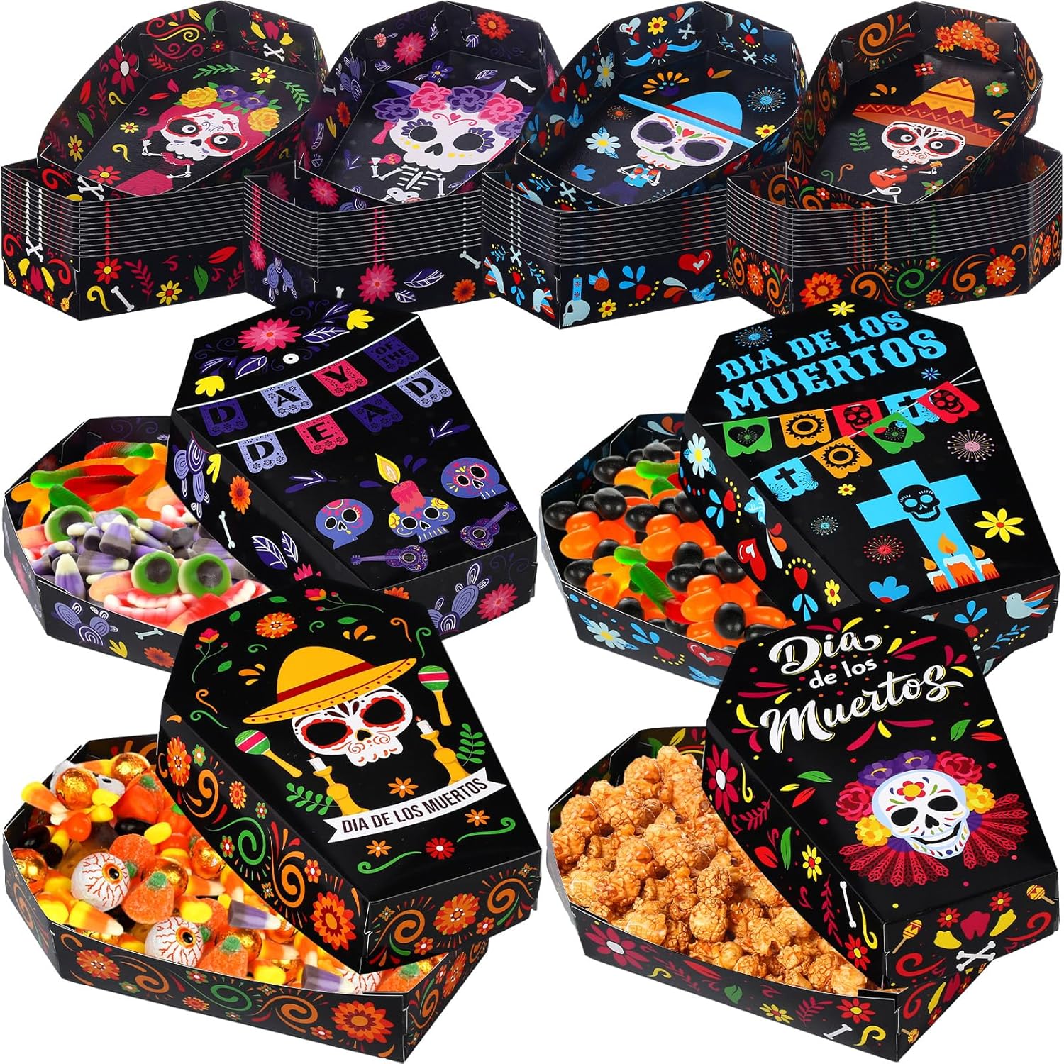 48 Pcs Day of The Dead Paper Trays Dia DE Los Muertos Coffin Nacho Trays Mexican Fiesta Sugar Skull Serving Basket Disposable Snack Food Boats for Halloween Day of The Dead Decoration Supplies