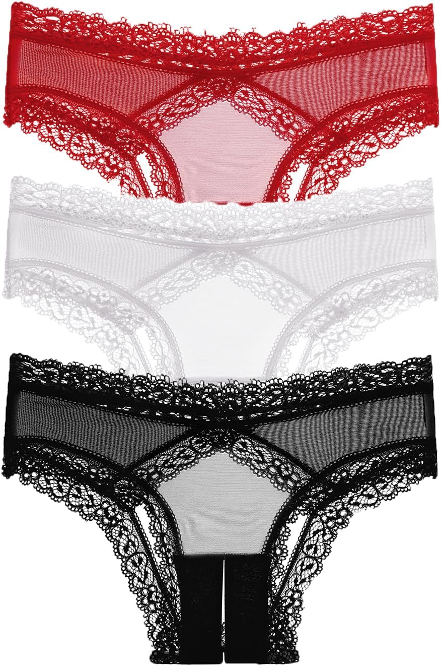 Justgoo Womens Sexy Thongs Lace Panties Underwear Low Rise T-Back Underpants Pack of 3