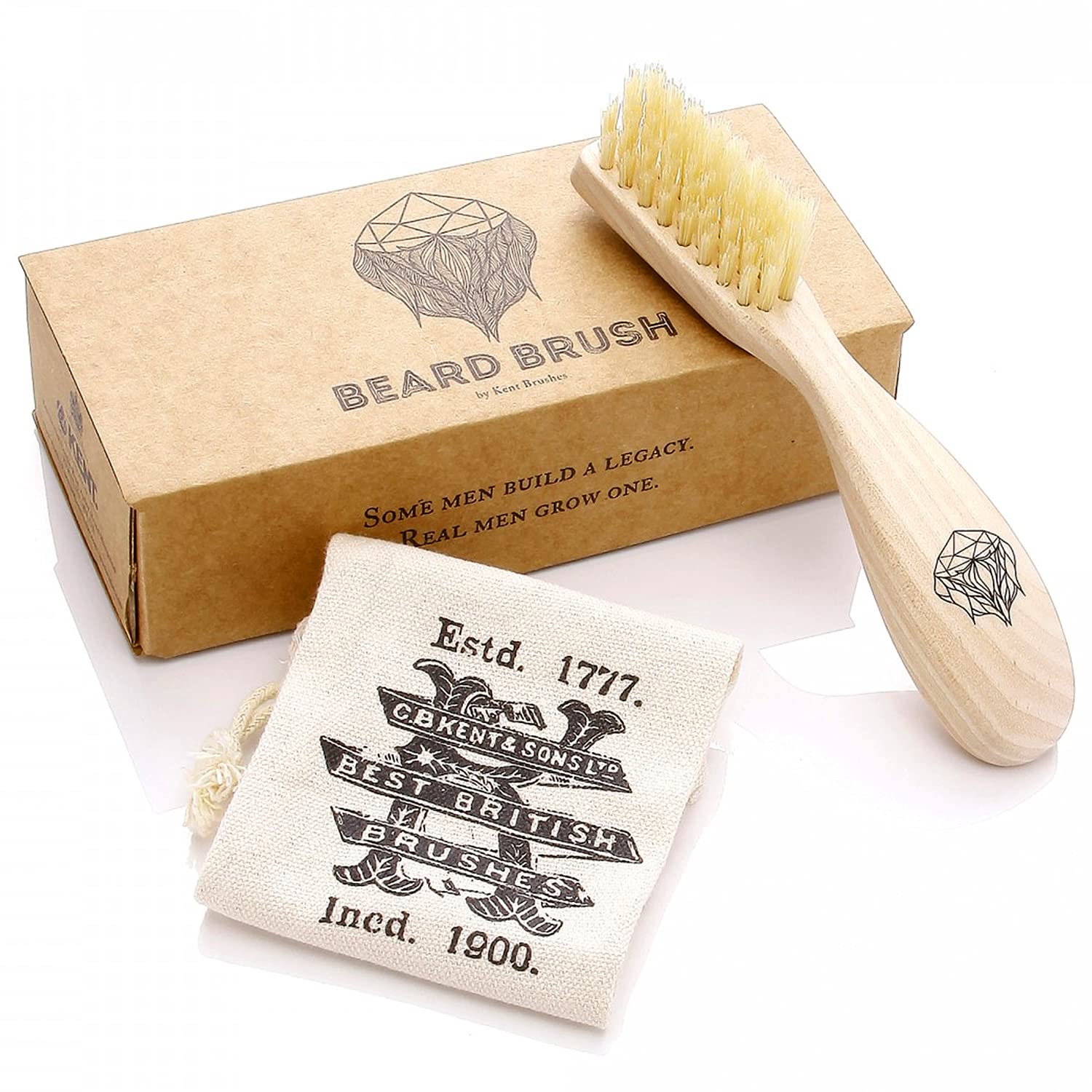 Kent BRD2 Boar Bristle Beard Brush for Men - Specially Cut Natural White Boar Bristle for Flawless Shaping and Grooming, Ergonomic Pistol-Like Grip Wood Handle, Dry or Wet Beard, Distributes Oils