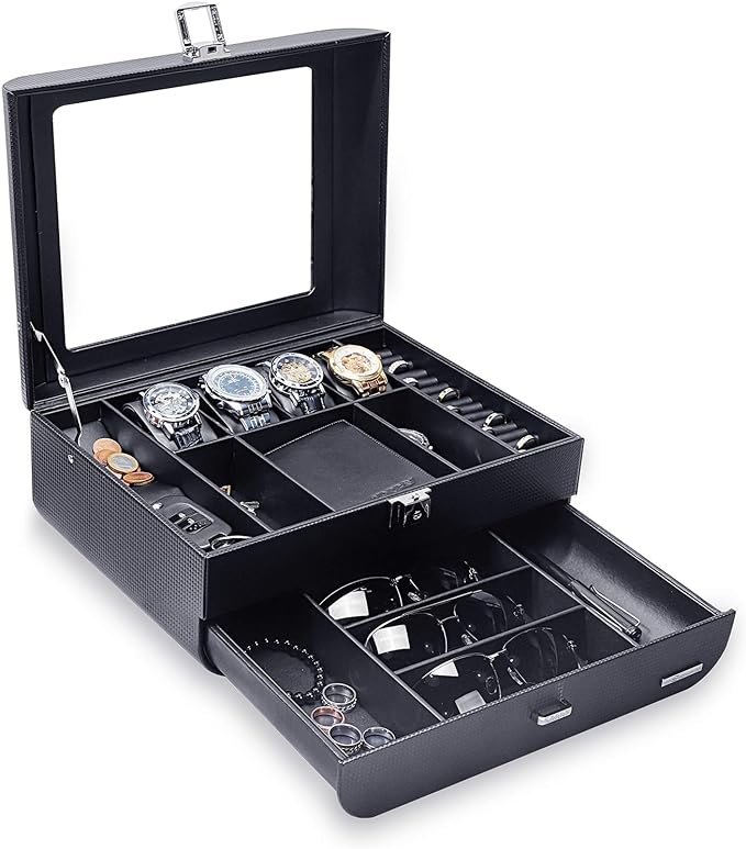 Homde Watch Box Arc Display Case Carbon Fiber Jewelry Organizer Luxury Sunglasses Holder with Drawer, Glass Top and Lock for Men Women