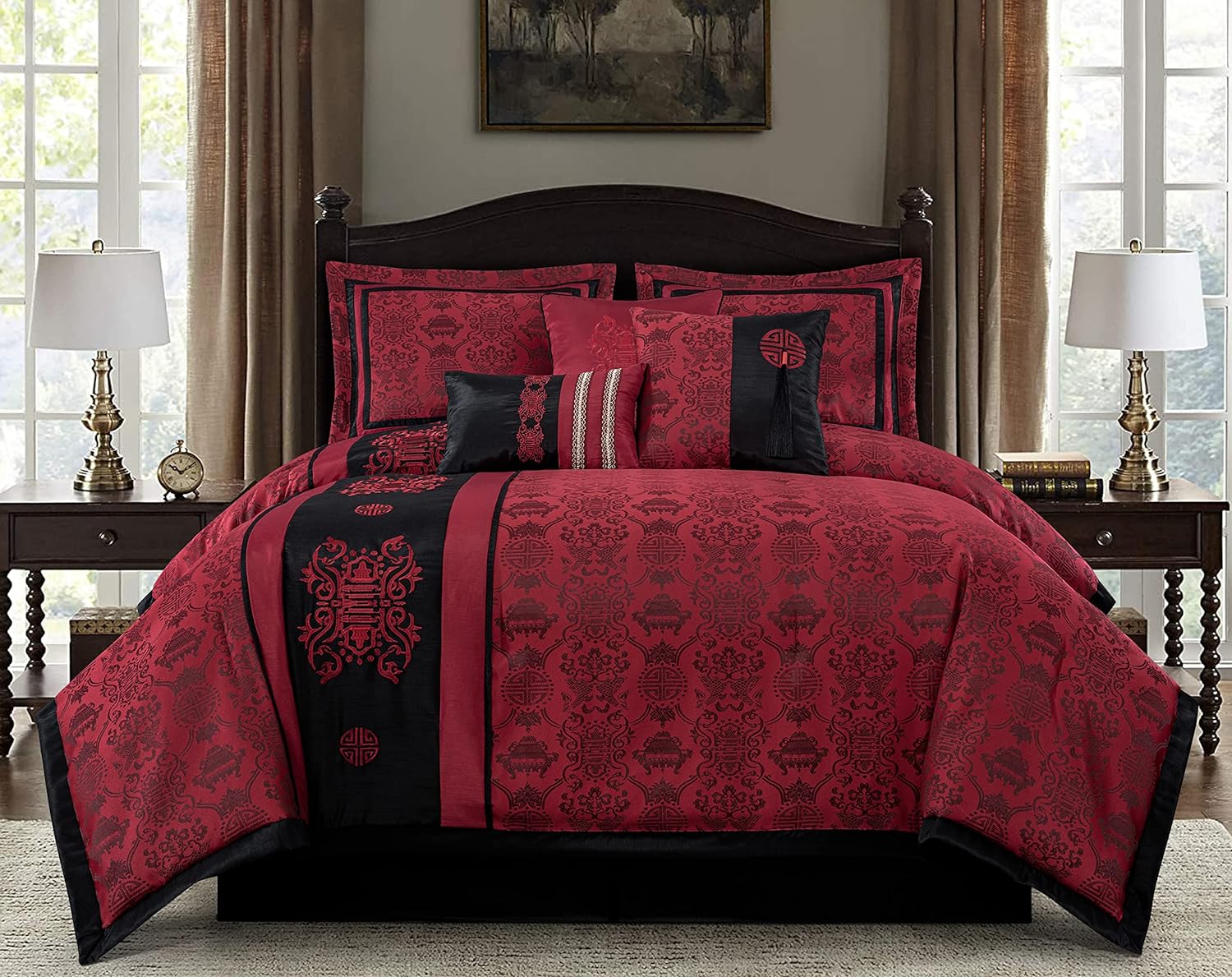 Chezmoi Collection Tai 7-Piece Red Black Oriental Traditional Jacquard Comforter Set, Queen Size