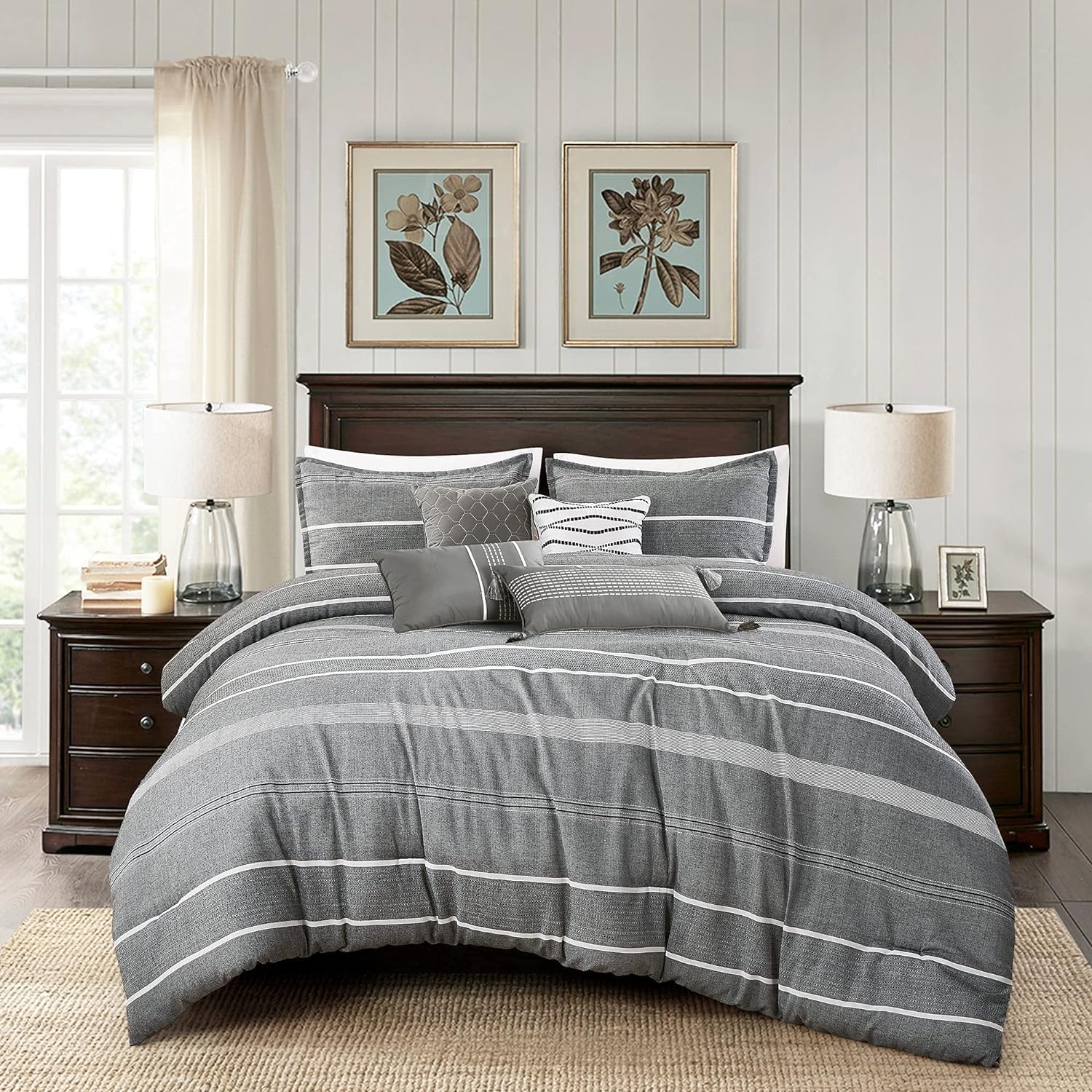 Chezmoi Collection Porter 7-Piece Jacquard Comforter King Size - Yarn-Dyed Gray White Trendy Striped Lightweight Comfy Bedding for All Season