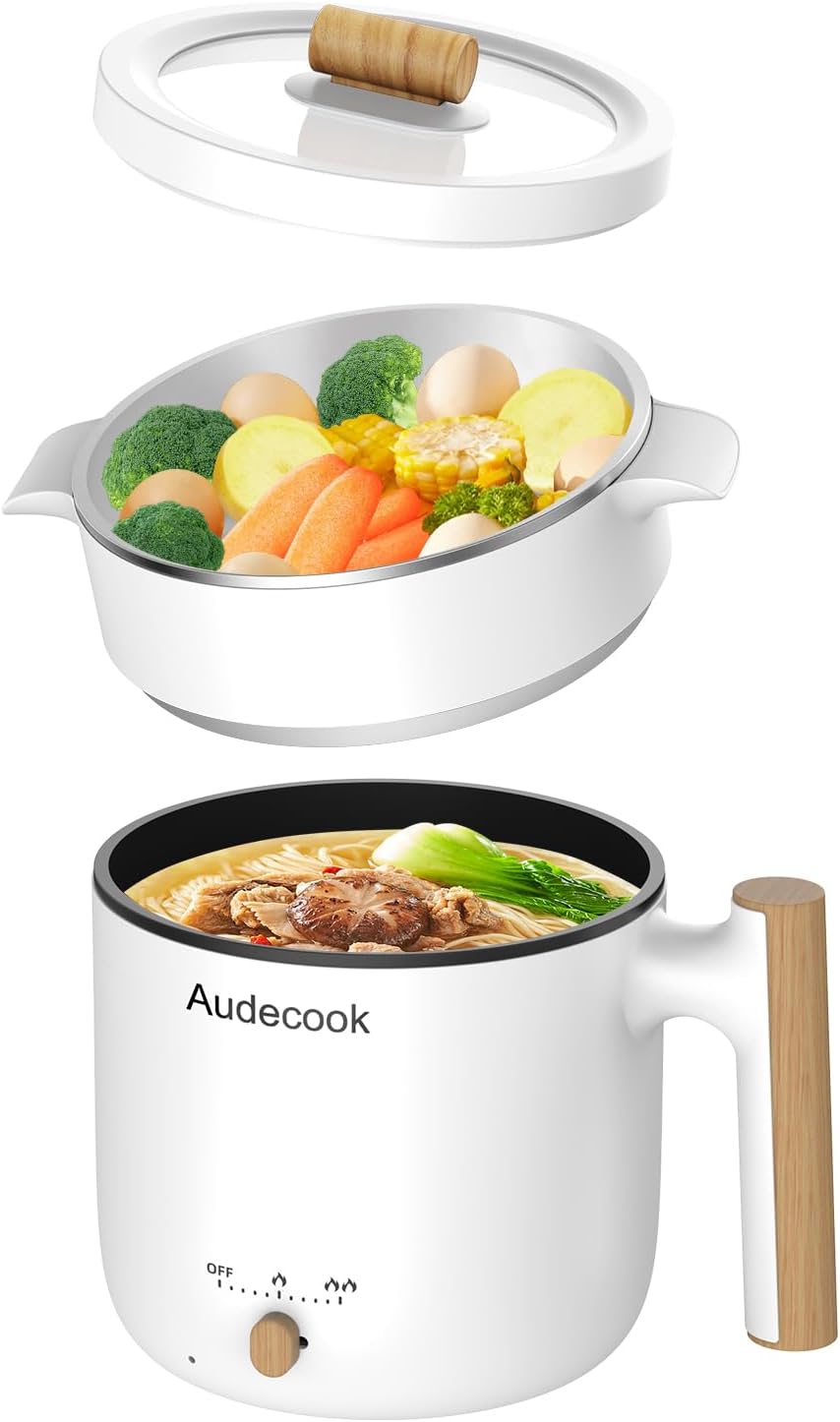 Audecook Hot Pot Electric with Steamer, 1.8L Portable Mini Travel Cooker, Multifunctional Non-Stick Electric Skillet for Stir Fry/Stew/Steam, Perfect for Ramen Noodles/Pasta/Egg/Soup/Oatmeal (White)