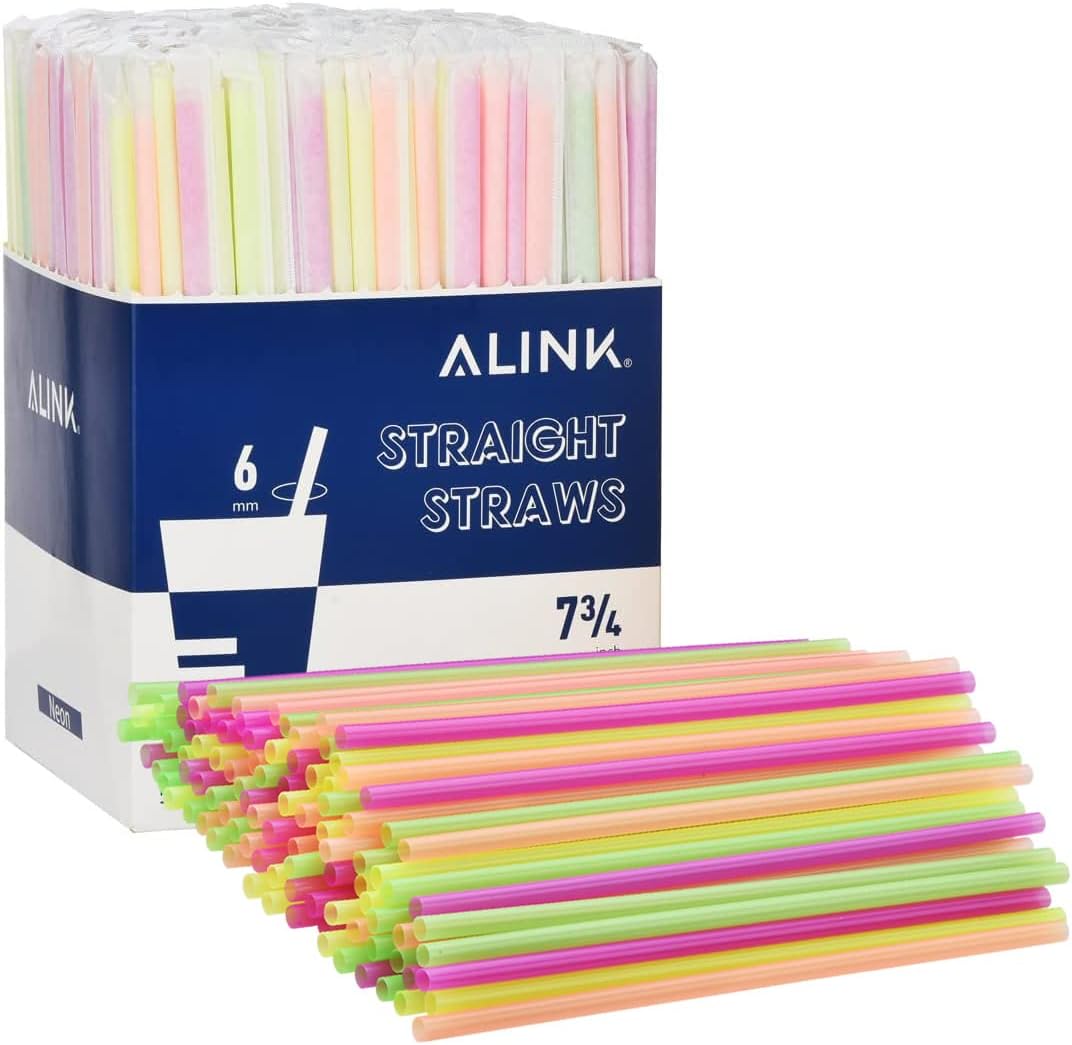 ALINK 500-Pack Plastic Disposable Drinking Straws Individually Wrapped, Neon Colored Straight Party Straws - 7.75 x 0.23