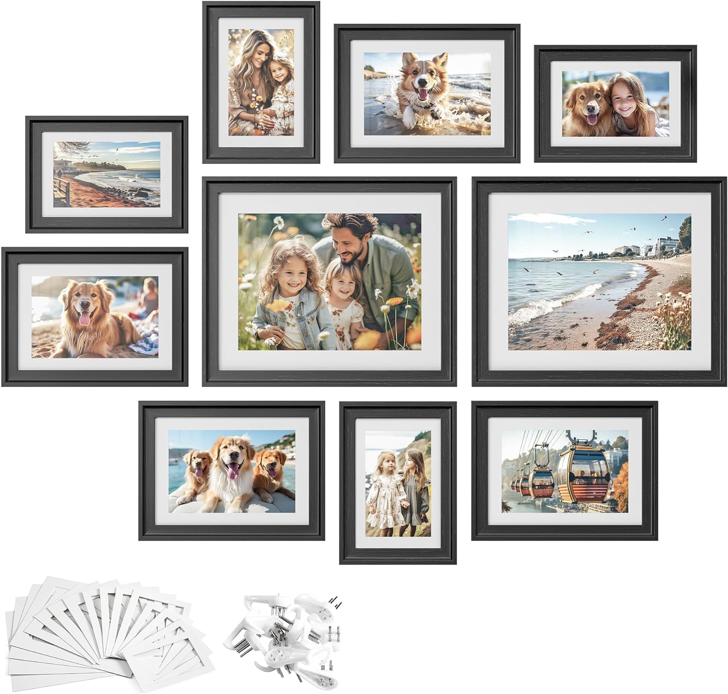 SONGMICS Picture Frames with 16 Mats, Set of 10, Collage Photo Frames with Two 8x10, Four 5x7, Four 4x6 Frames, Hanging or Tabletop Display, MDF and Glass, 12 Non-Trace Nails, Ash Black URPF049B01