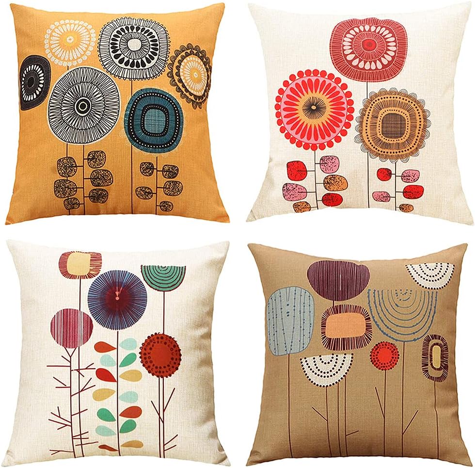 Cartoon Flowers Pattern Soft Cushion Covers Decorative Throw Pillows Case for Sofa 18x18 inches Pack of 4