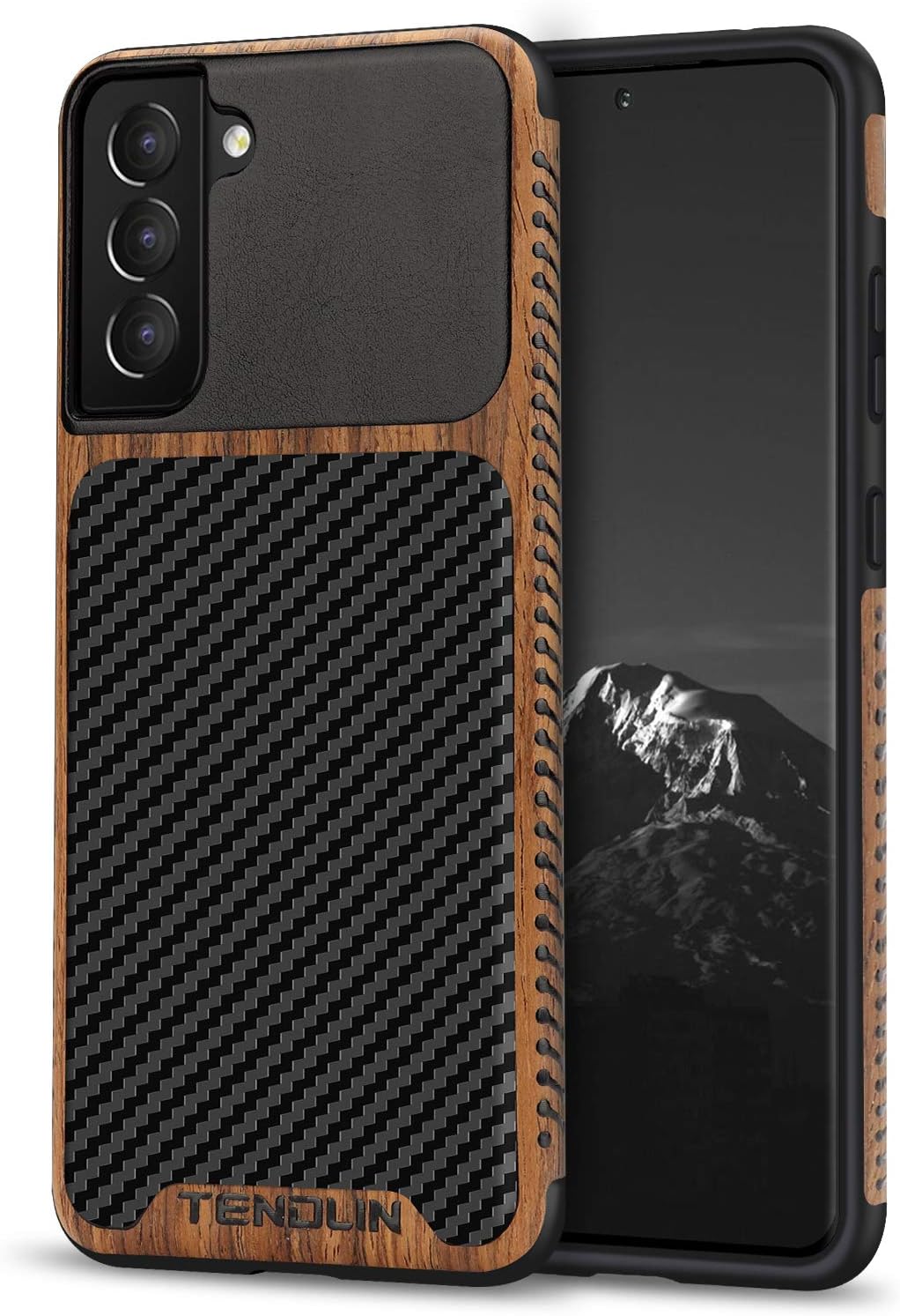 TENDLIN Compatible with Samsung Galaxy S21 Plus Case Wood Grain with Carbon Fiber Texture Design Leather Hybrid Case Black