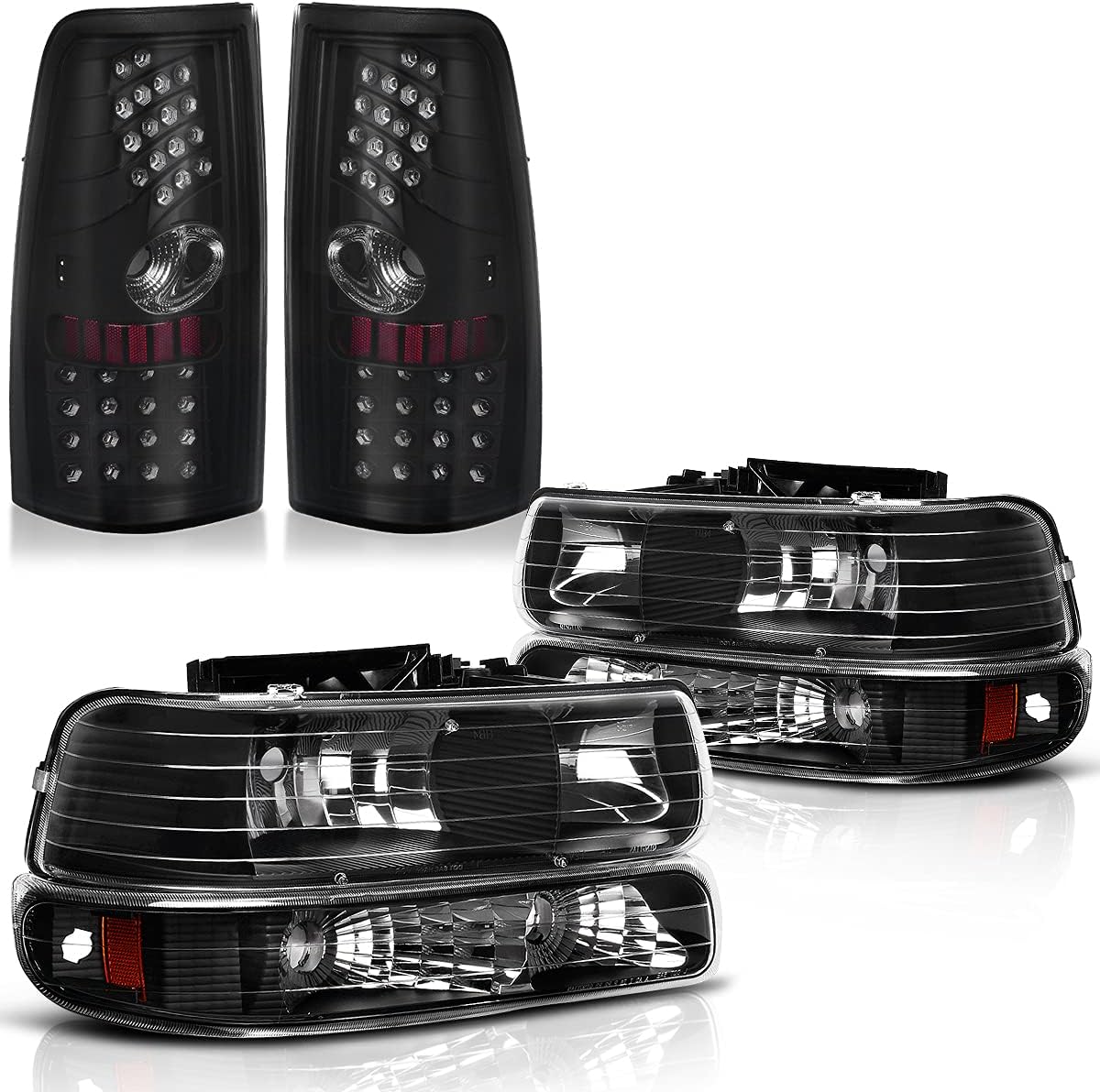 DWVO Headlights Tail Lights Assembly Compatible with 1999-2002 Chevy Silverado 1500/2500, 2001-2002 Chevrolet Silverado 3500 Clear Lens Replacement Headlights + Smoke Lens LED Taillights Combo