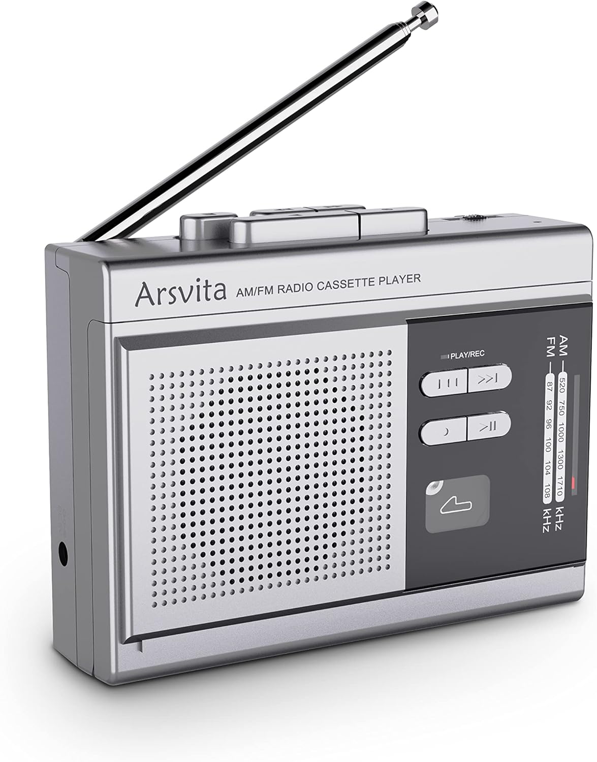 Arsvita Portable Cassette Player and Recorder, Cassette to MP3 Digital Converter, AM/FM Radio Tape Walkman, Support 4-32G Micro SD Card, Build-in Speaker and Microphone, Silver