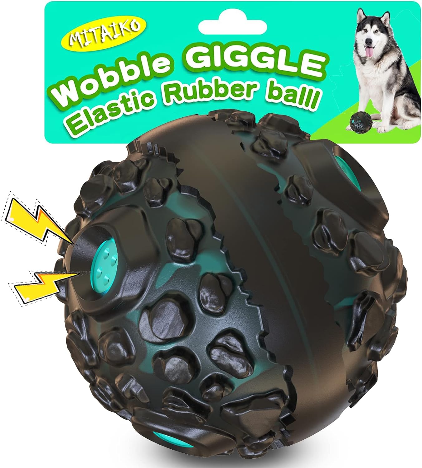 MITAIKO Dog Toy Ball for Aggressive Chewers, Interactive Fetch Dog Ball with Fun Squeaky Wobble Giggle Sound, Durable for Small Medium Large Dogs, Non-Toxic Rubber Pet Chew Toys, Black & Lake Blue