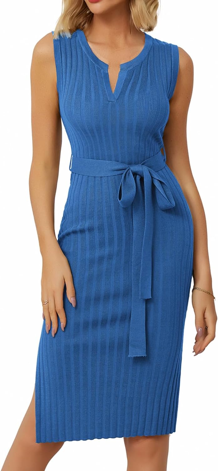 GRACE KARIN Women' 2024 Summer Knitted Sweater Dress V Neck Sleeveless Ribbed Side Slit Bodycon Midi Dresses with Belt