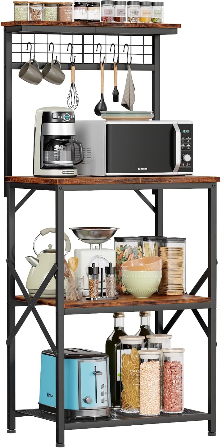 Furologee+Kitchen+Bakers+Rack+with+Hutch%2c+Coffee+Bar+Station+4+Tiers%2c+Microwave+Oven+Stand+with+6+S+Hooks+and+Pegboard%2c+Kitchen+Microwave+Rack+for+Spice+Rack+Organizer+Workstation%2c+Rustic+Brown