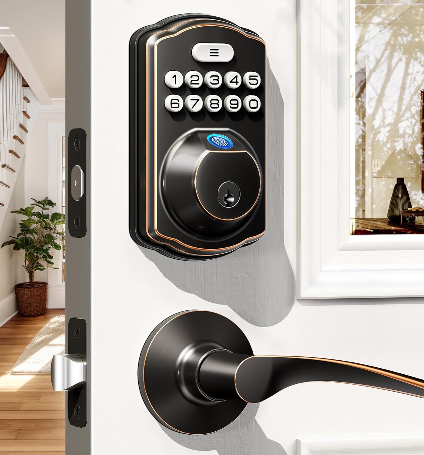 Veise Fingerprint Door Lock with 2 Lever Handles - Keyless Entry Door Lock, Electronic Keypad Deadbolt & Front Door Lock Handle Sets, Easy Installation, Auto Lock & 1 Touch Locking, Oil Rubbed Bronze