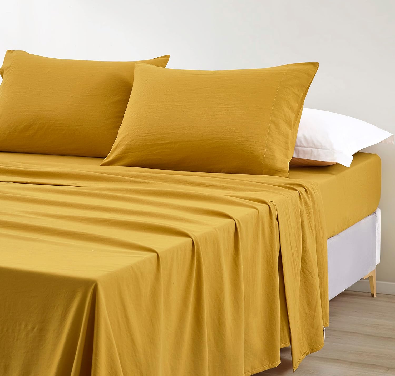 Chezmoi Collection Soft Washed King Bed Sheet Set - 4-Piece Brushed Microfiber Wrinkle & Fade Resistant 14-Inches Deep Pocket Sheets & Pillowcases Set - King, Mustard Yellow