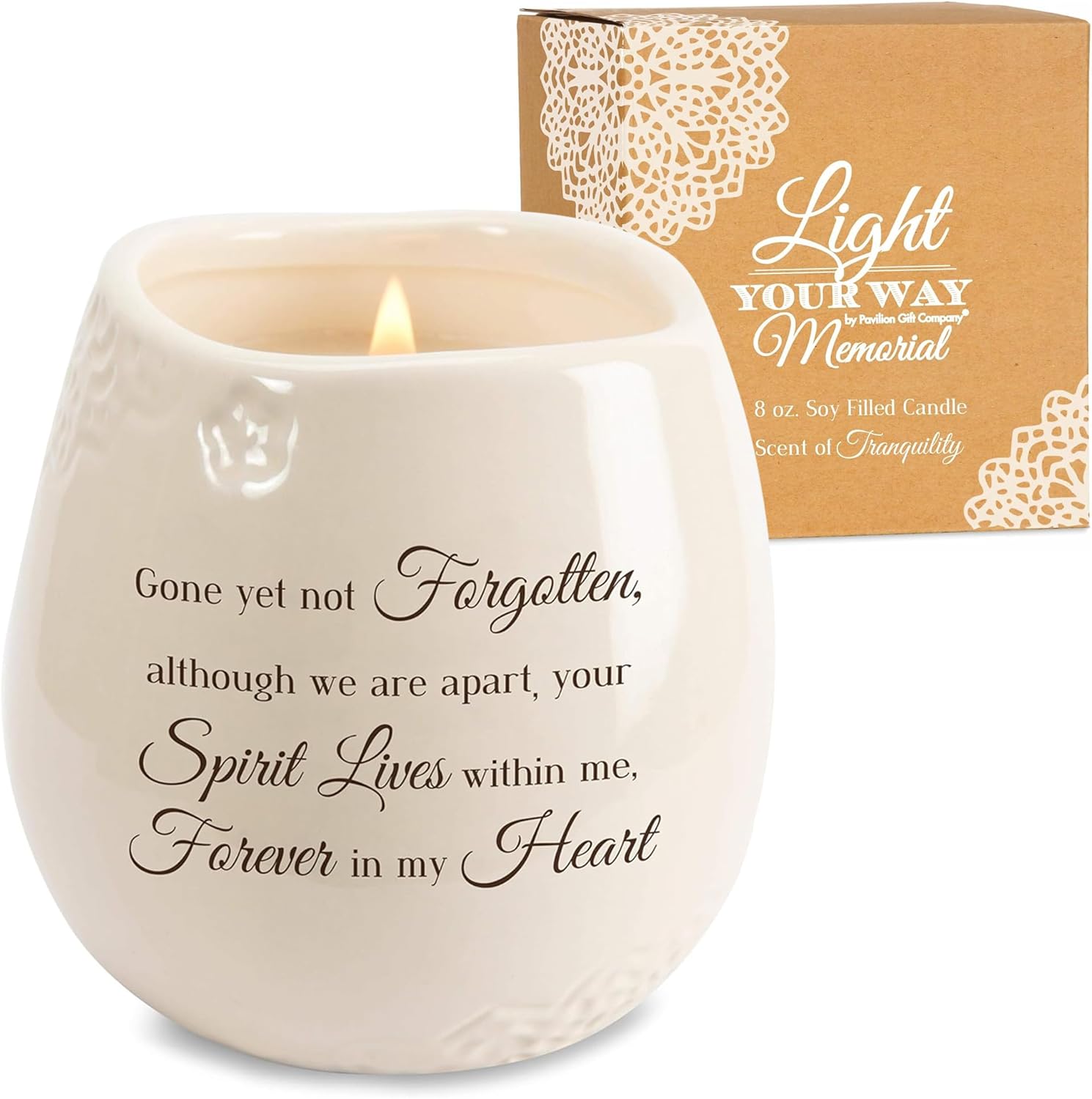 Pavilion - 8 Oz Candle Holder - White Ceramic Candle Jar with 100% Soy Wax Candle Tranquility Scent Gone Yet Not Forgotten Ideal Remembrance Gift for Love One Who Passed - Printed Text & Love Theme