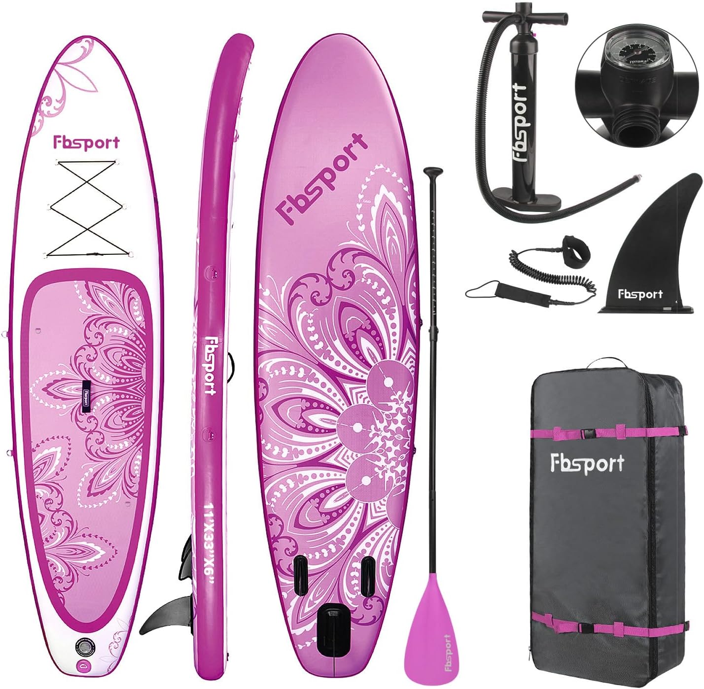 FBSPORT 11' Premium Stand Up Paddle Board, Yoga Board with Durable SUP Accessories & Carry Bag | Wide Stance, Surf Control, Non-Slip Deck, Leash, Paddle and Pump for Youth & Adult