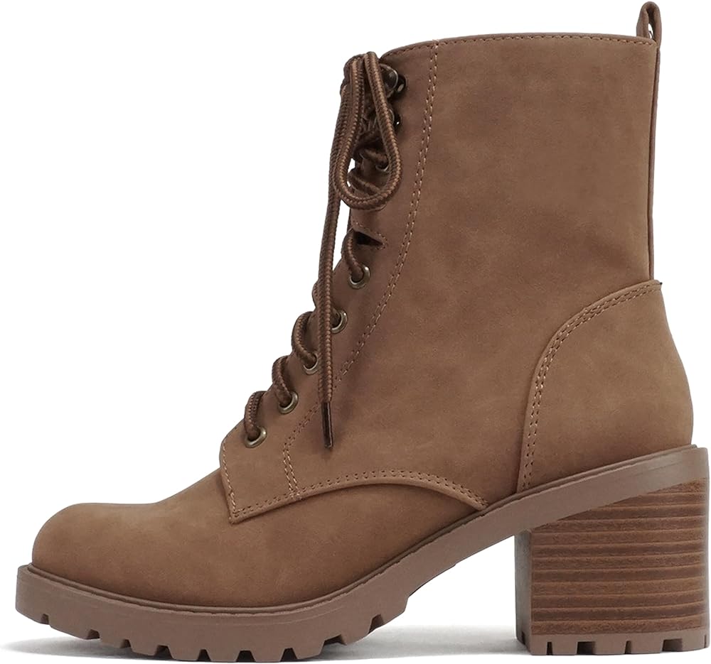 Soda VELOUR ~ Women Round Toe Lace-Up Lug Sole Medium Stack Heel Mid Shaft Combat Boot with Side Zipper