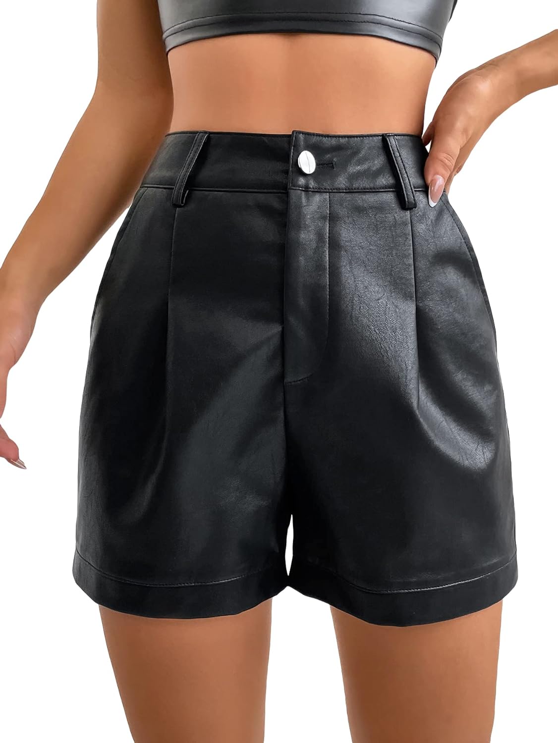 WDIRARA Women' High Waisted PU Leather Shorts Roll Hem Shorts with Pockets