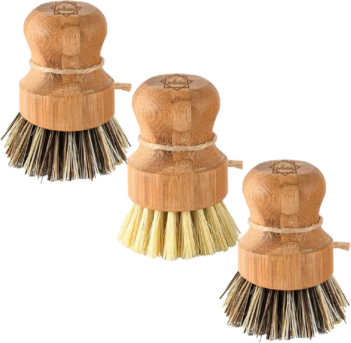 Bamboo Scrub Brush - S&C Kitchen, Cleans Pan/Vegetable/Dishes/Wok, Scrub Brush Dishes for Kitchen/Bathroom, Made Out of Palm & Sisal Bristles with a Handle, Vegetable Brush for Cleaning, Set of 3