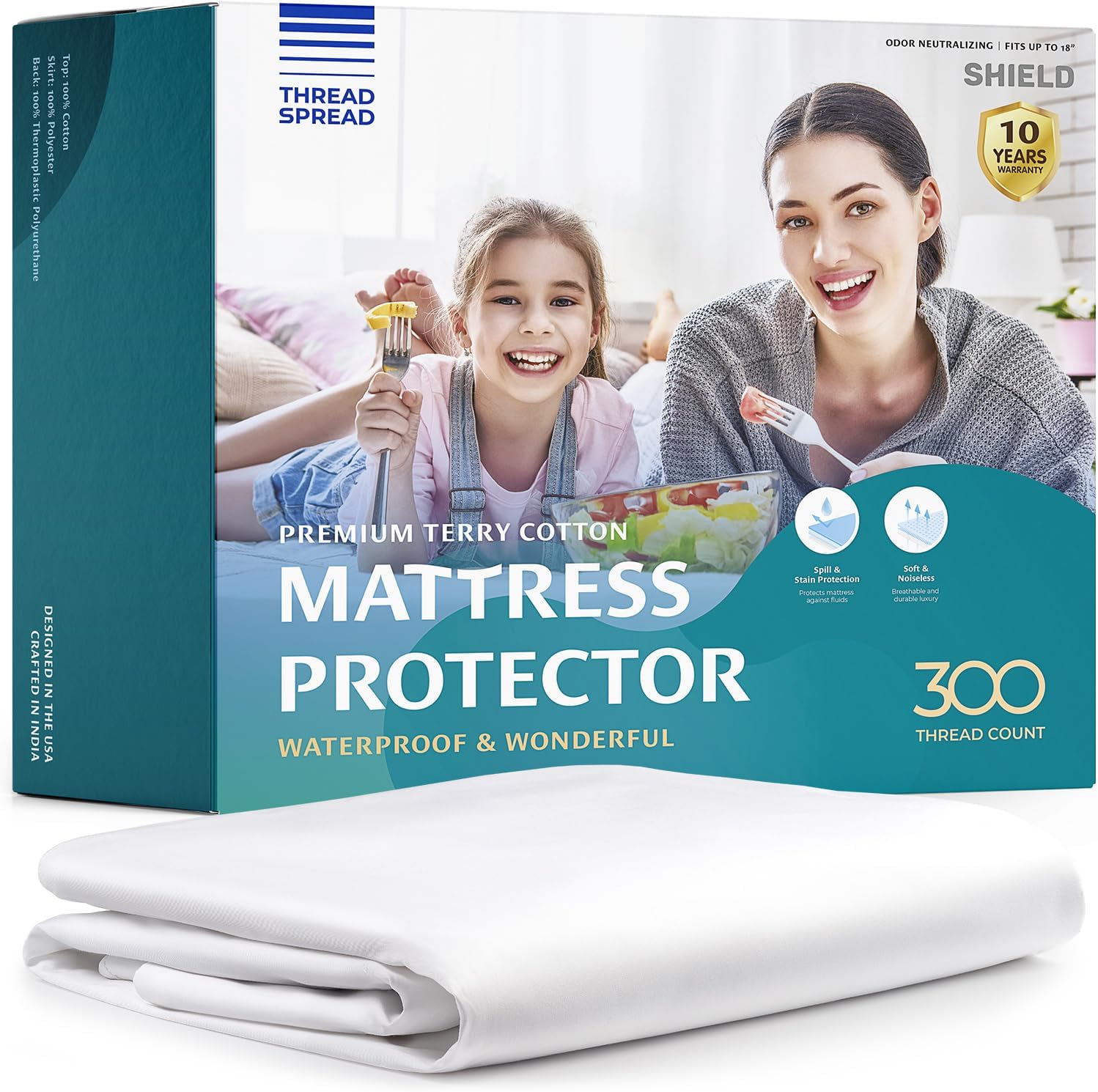 Premium Waterproof Mattress Protector for Queen Size Bed, Cooling Soft Cotton Top, Noiseless, Machine Washable, Fitted Mattress Cover with Deep Pockets to fit 8-18 inch Mattress (Queen 60 x 80)