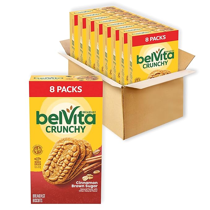 belVita Cinnamon Brown Sugar Breakfast Biscuits, 64 Total Packs, 8 Boxes (4 Biscuits Per Pack)