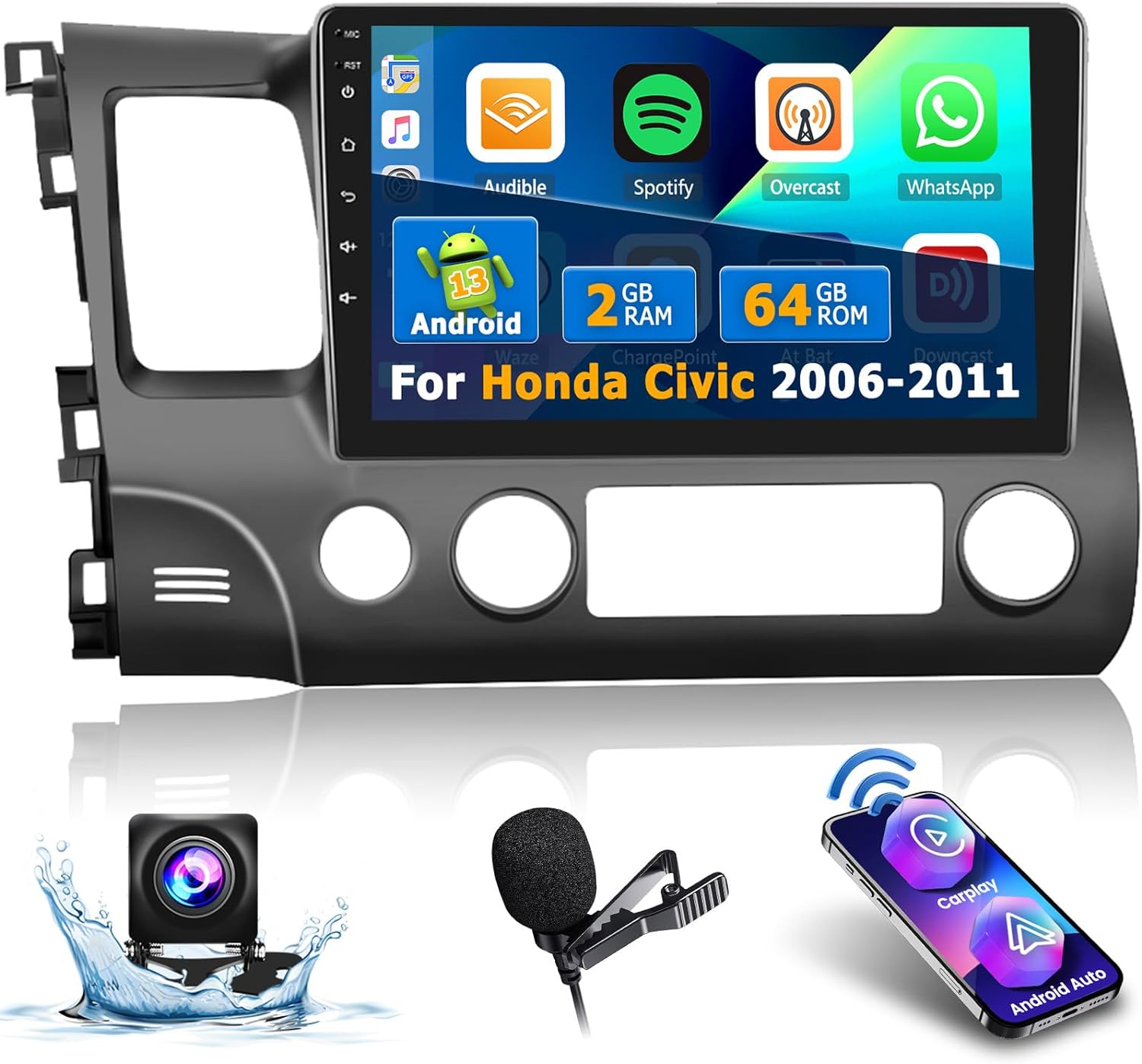 2 64G Aftermarket Radio for Honda Civic 2006-2011 Android 13 Car Stereo with Wireless Apple CarPlay Android Auto, 10.1 Inch Touchscreen Car Radio with Bluetooth GPS FM HiFi Audio