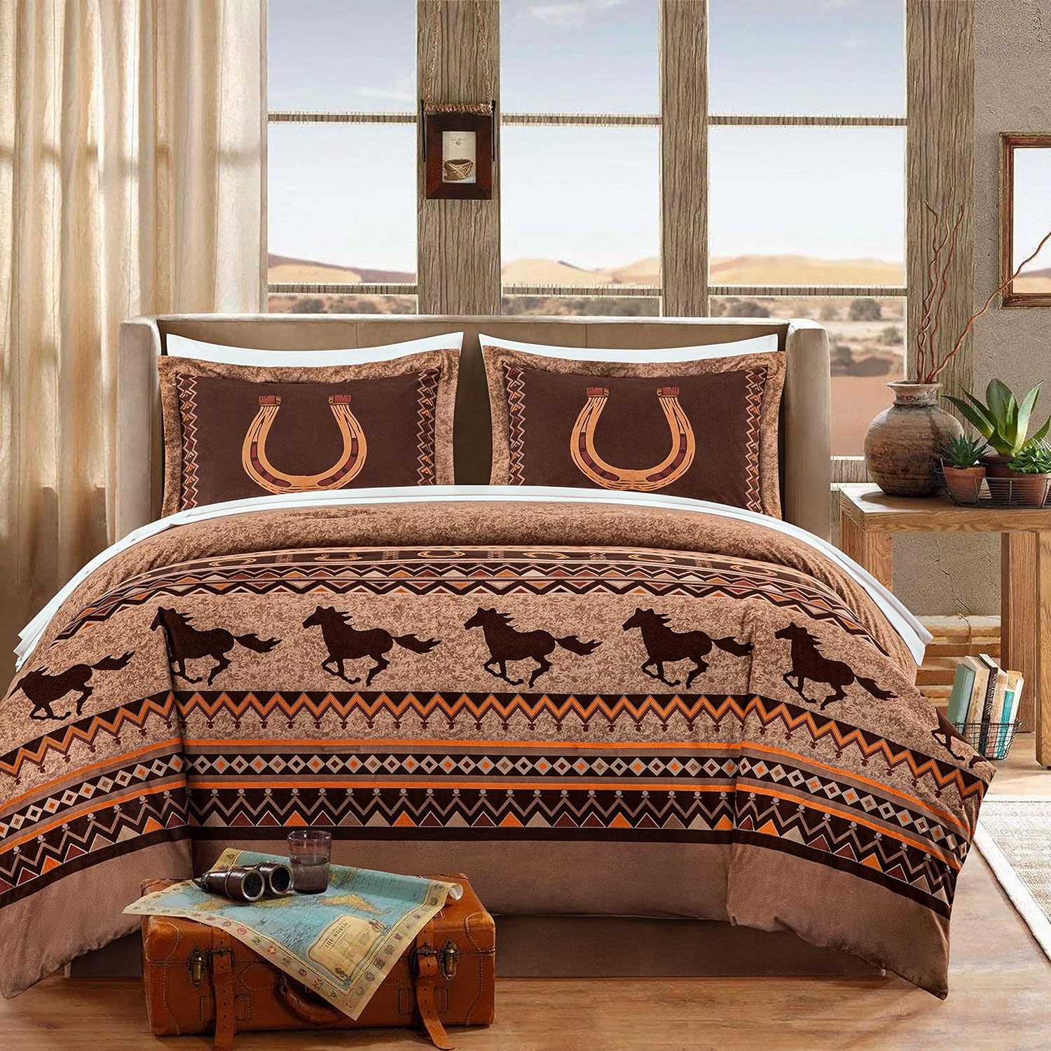 Chezmoi Collection Maverick 7-Piece California King Microsuede Bed in a Bag Comforter Set - Southwestern Wild Horses Russet Brown Bedding Set with Comforter and Sheets