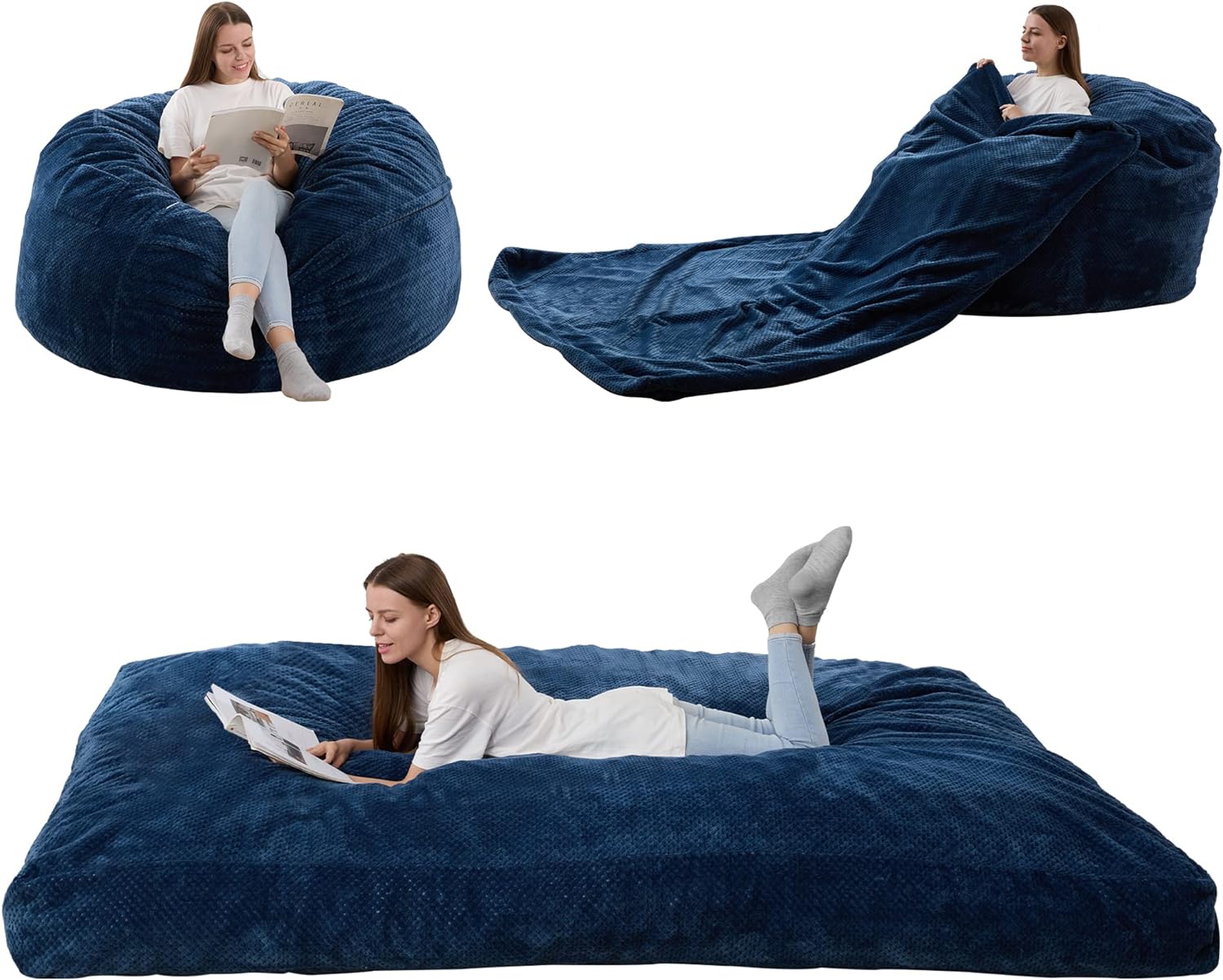 HABUTWAY Bean Bag Chair, Giant Bean Bag Chair with Washable Chenille Cover Ultra Soft, Convertible Bean Bag from Chair to Mattress, Huge Chenille Bean Bags for Adult, Couples, Family - Royal - Queen