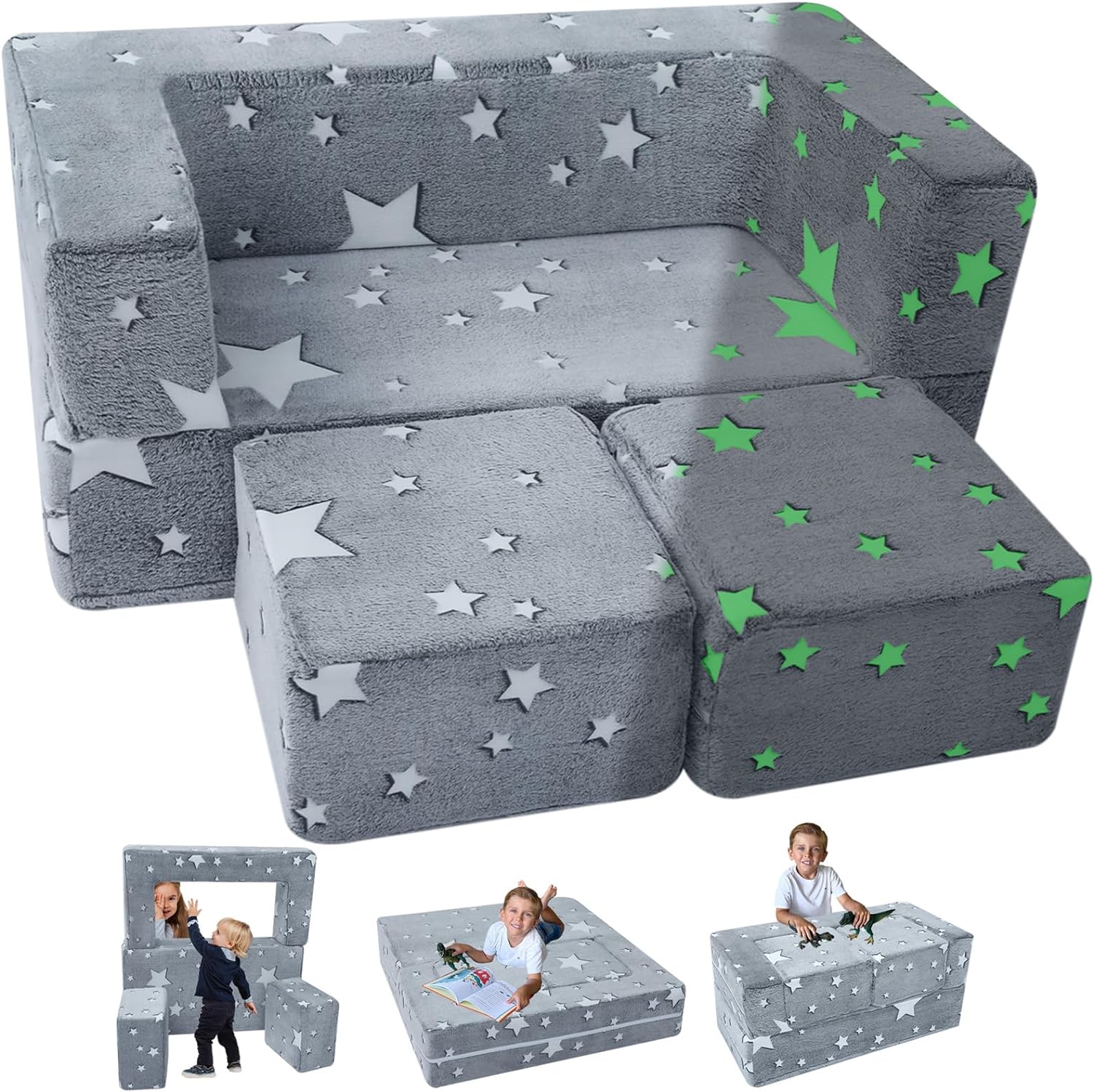 MeMoreCool Kids Sofa Couch, Modular Star Baby Couch Glow in Dark, Toddler Fold Out Play Couch for Playroom Furniture, Grey