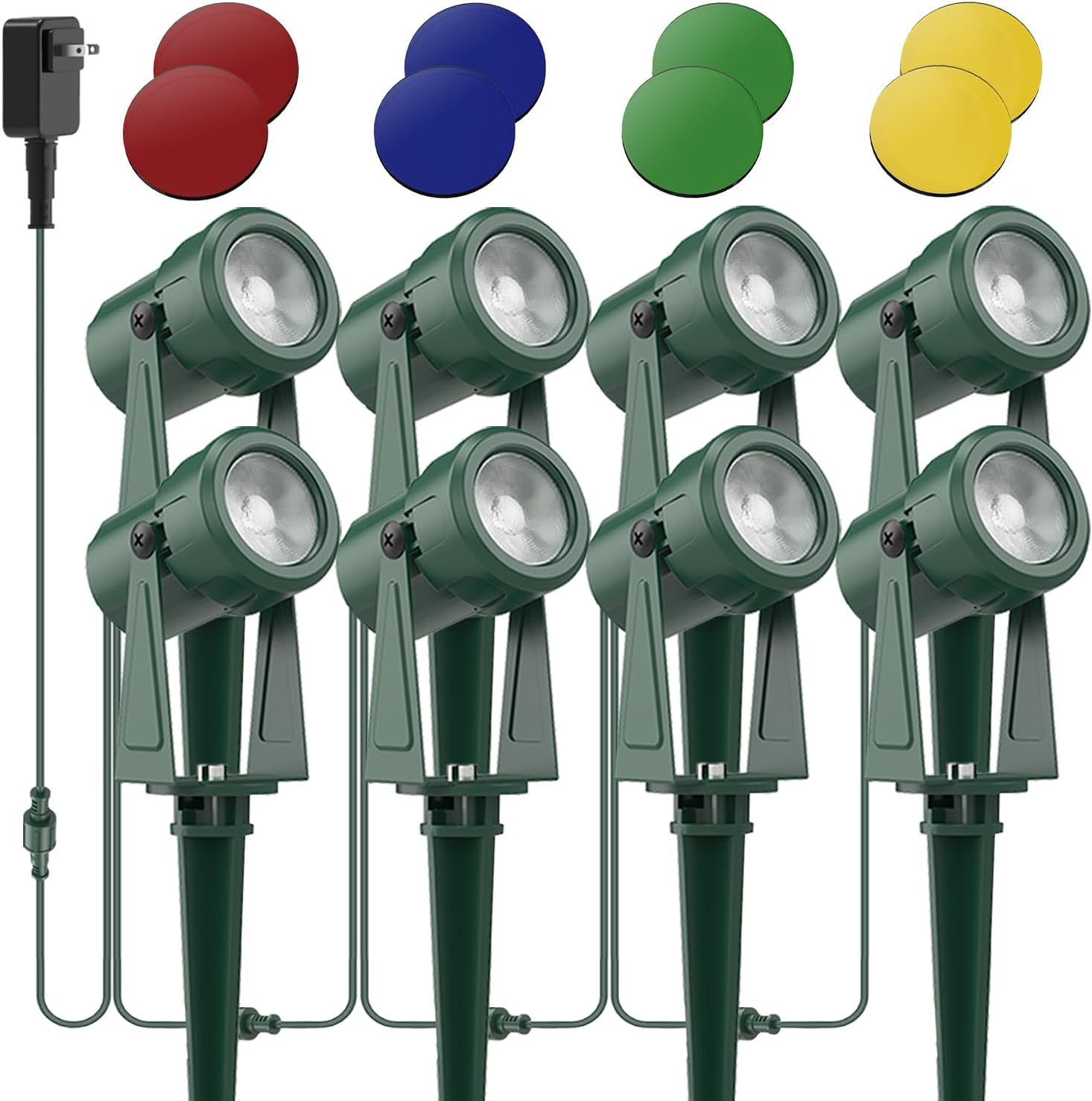 ZYAN 8 Pack Outdoor Landscape Lights with 8 Colorful Lens, Green Outdoor Spot Lights with Transformer for Yard, Plant, Lawn, Tree, Flags, House, Garden, Fence Use, IP65 Waterproof & Connectable