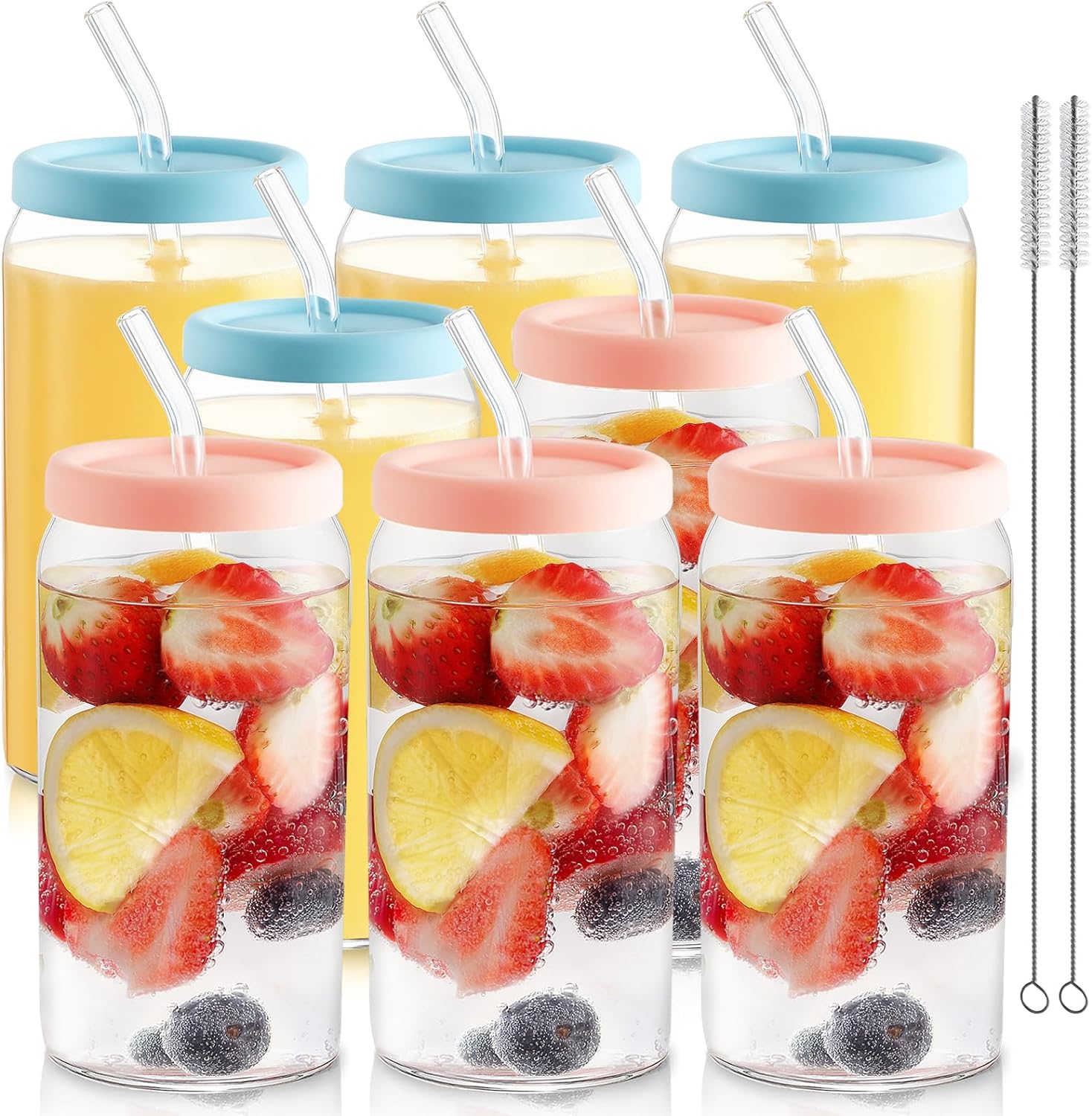 Glass Cups with Silicone Lids 8pcs, 20oz Can Shaped Glass Cups with Straws, Beer Glasses, Iced Coffee Cups, Cute Tumbler Cup with Cleaning Brush, Ideal for Cocktail, Tea, Gift, Pink & Blue