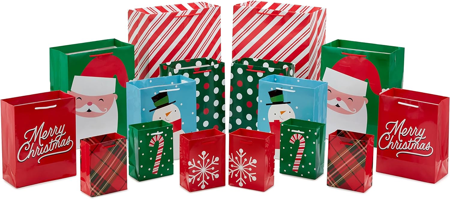 Hallmark Image Arts Assorted Holiday Gift Bag Bundle (16 Bags: 6 Small 5", 6 Medium 8", 2 Large 11", 2 XL 14") Red and Green, Santa, Stripes, Polka Dots, Snowmen, Snowflakes