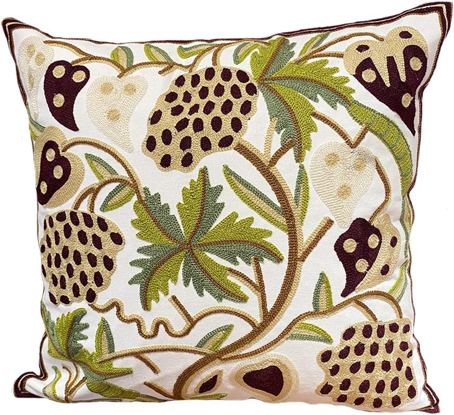 Embroidered Decorative Throw Pillows Cover 18x18 Boho Farmhouse Square Pillow Case for Couch Sofa Bed, Plant Floral Patterns Home Decor Pillows Cover, Embroidery Pattern Fall Pillow Cover
