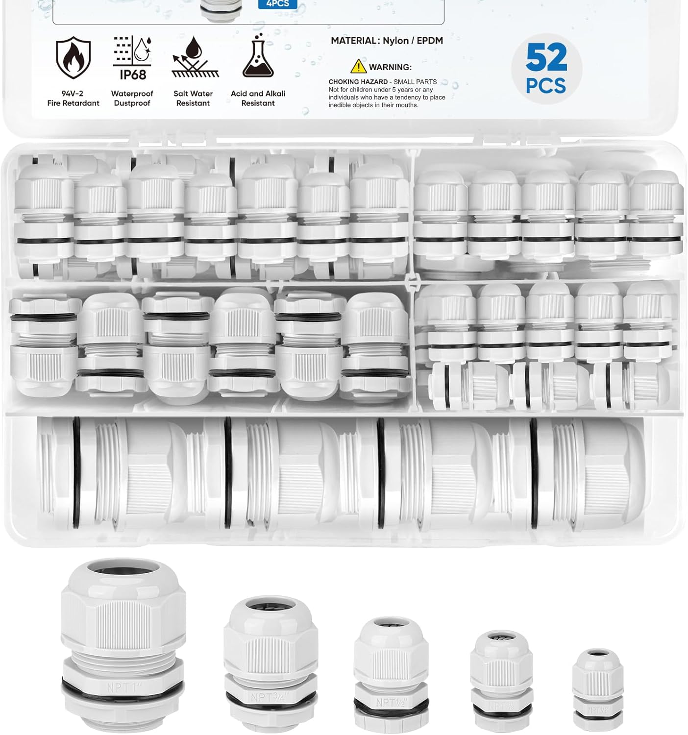 TICONN 52 Pcs IP68 Waterproof Cable Gland Kit Nylon NPT Adjustable Cable Connectors Assortment 1/4 3/8 1/2 3/4 1 for Waterproof Junction Box Wire Pannel (Grey, 52 Pcs)