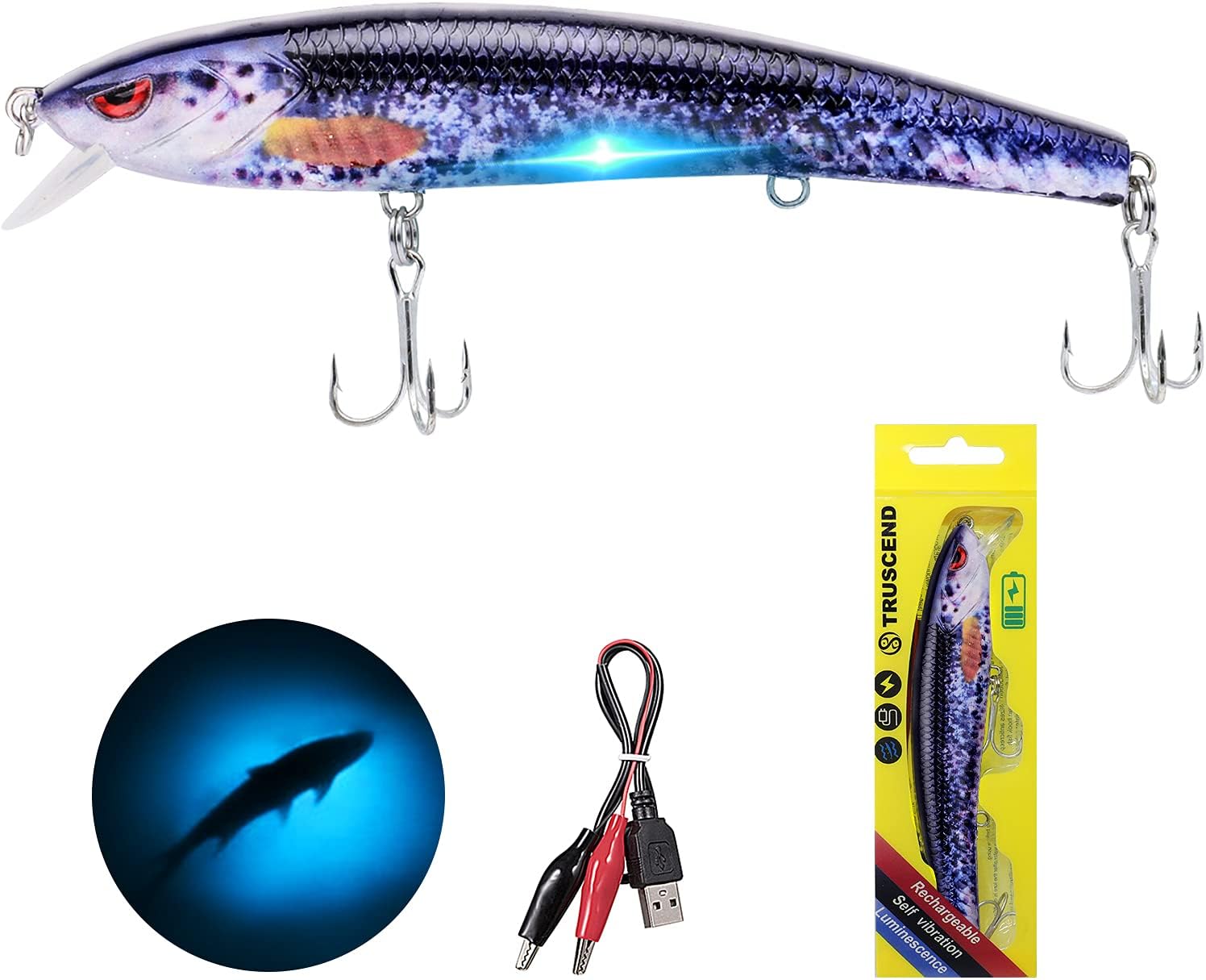 TRUSCEND Electric Twitching Jerkbait, USB Rechargeable LED Lighted Wobbler, Long Casting Slow Sinking Flashing Bass Lures for All-Purpose, Fishing Lures for Freshwater Saltwater, Night Fishing