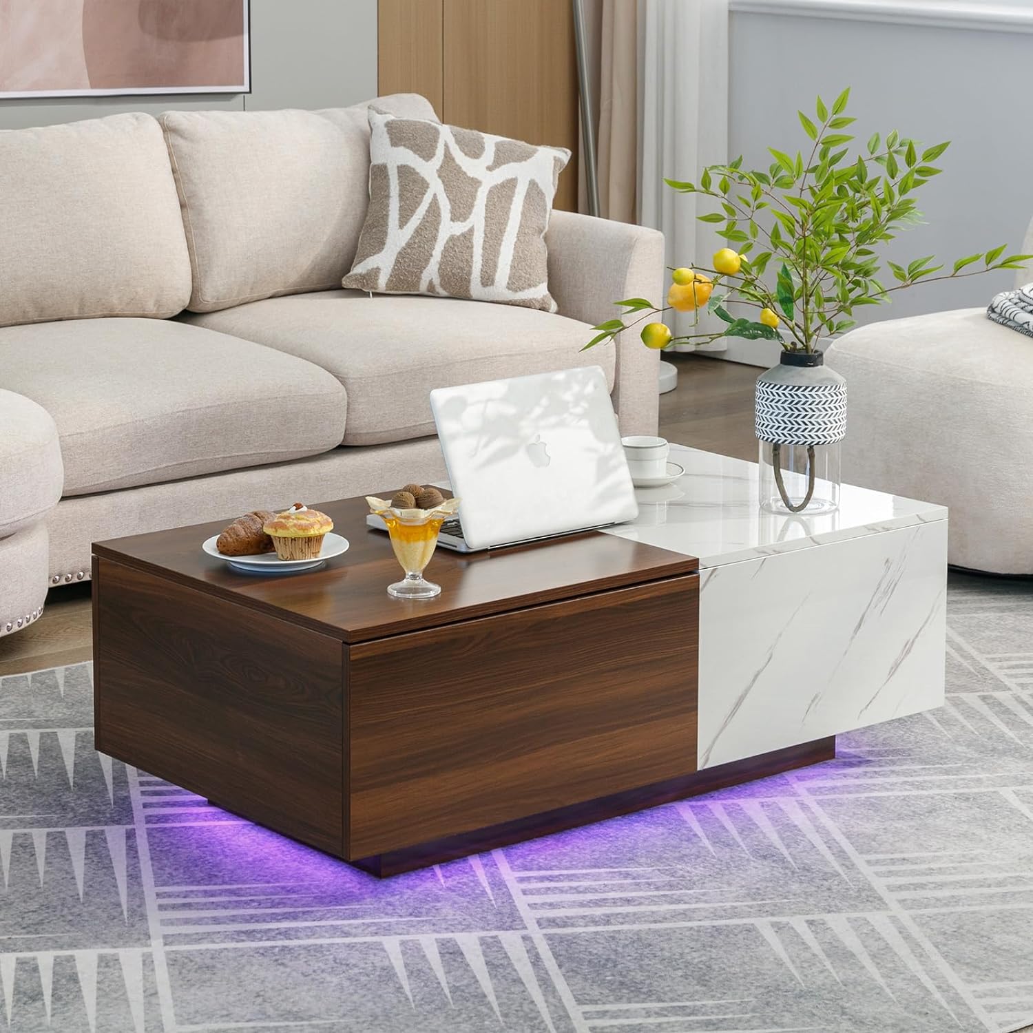 COSVALVE 43 LED Coffee Table for Living Room, Marble Coffee Tables with 2 Storage Drawers, Modern Center Table with 24 Colors LED Light, Walnut and White